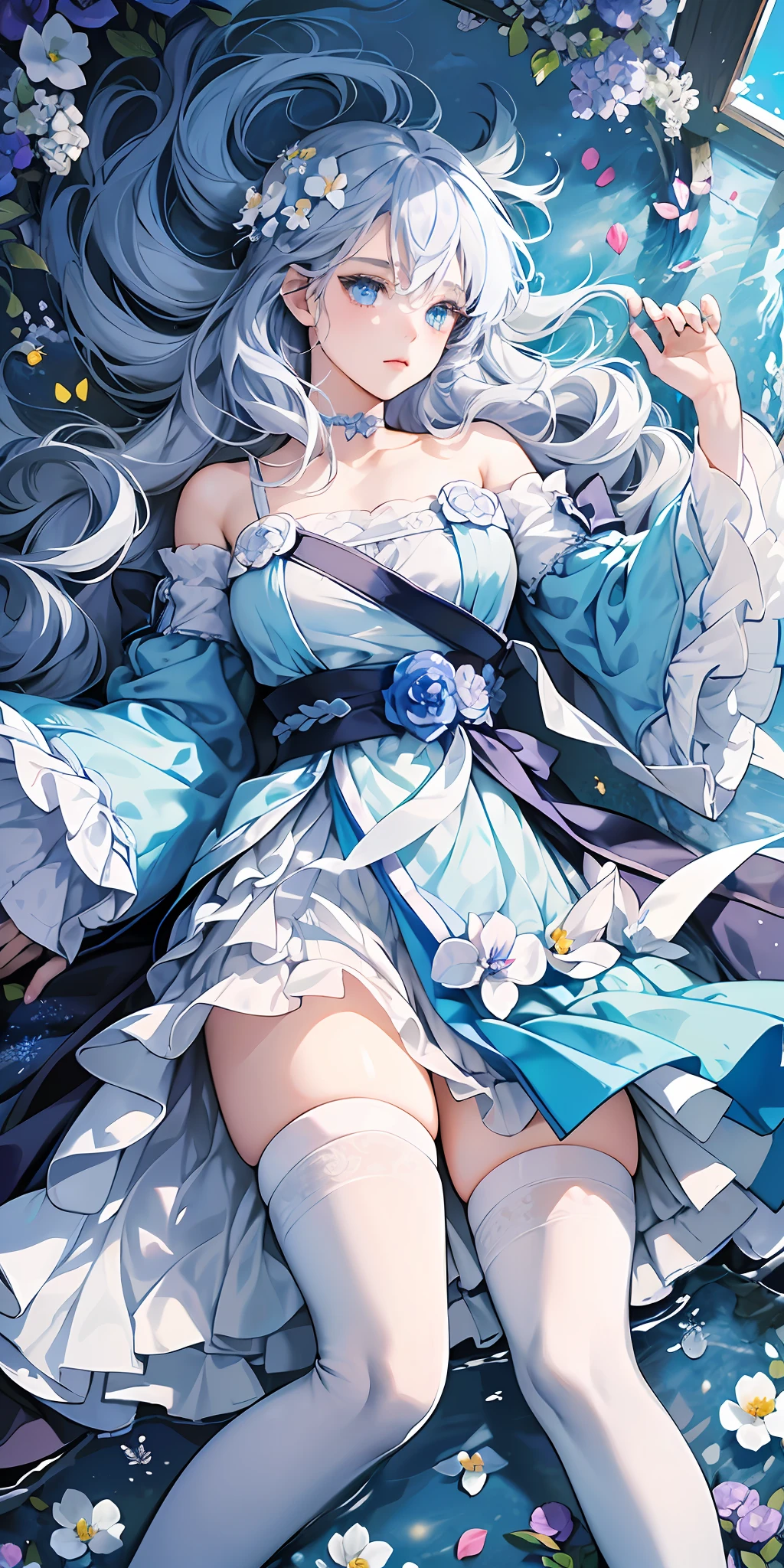(Top view), Dynamic angle, Super detailed, illustration, close-up, direct vision, 1girl, (fantasy: 1.4), (blue eyes: 1.233), her eyes shine like dreamy stars, (glowing eyes: 1.233), (beautiful and detailed eyes: 1.1), (silver hair: 1.14), (messy hair, very long hair, French braids, hair between the eyes, side hair), (+(blue hair flower: 1.14)), (chiffon dress, uniform blue flower pattern/= (military uniform: 1.24), (split sleeves, wide sleeves), (fingerless gloves), choker, (miko thighhighs), high heeled boots, (expressionless, shut up), (standing: 1.4), (classical princess boudoir with dresser floor-to-ceiling windows white ancient palace), (white flowers, blooming), (deep sea), (flowing water), (dark blue world tree: 1.14), (ruins), (night: 1.2), dreamy, soul, (fluorescent), (flying translucent blue butterfly: 1.15), [[delicate fingers and hands: 0.55]::0.85], (finger detail), (yubao: 0.5), --auto --s2