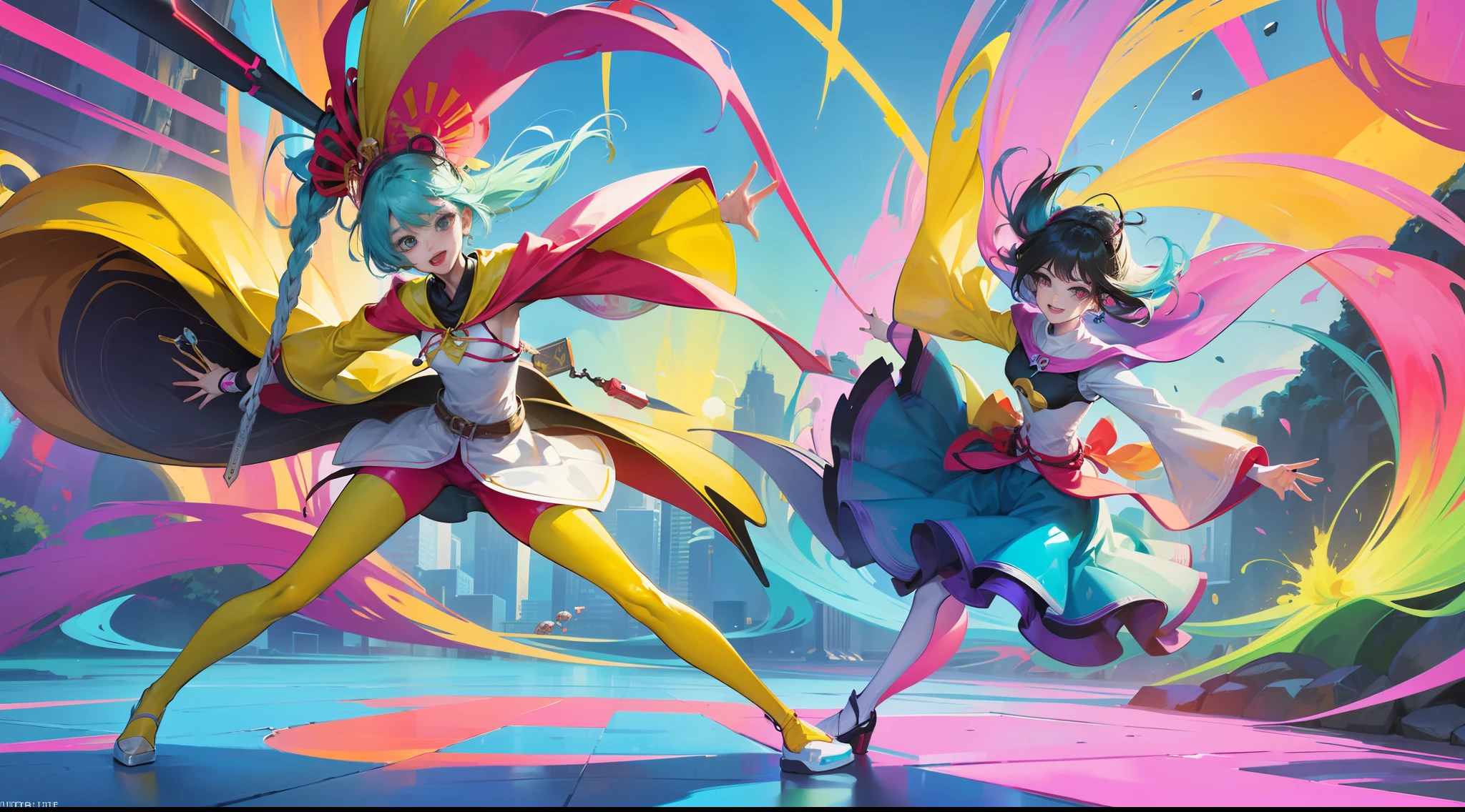((abstract and surreal place with vibrant colors that gives the feeling of joy, motivation, satisfaction and knowledge)), clear place, full body shot, 1girl with short ancestral clothes