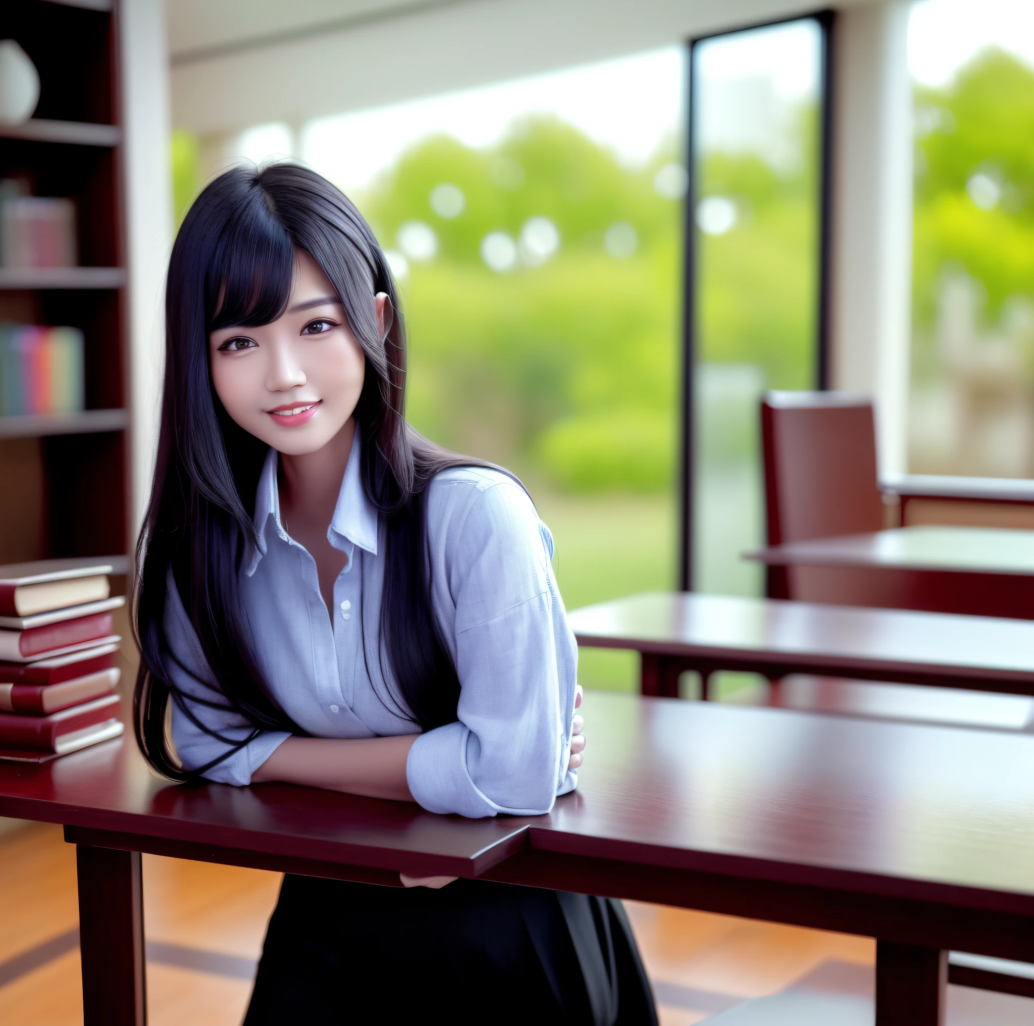 (Best quality, High resolution, Masterpiece, lookbook :1.3), (close up camera), (1 tall and pretty woman), ((asian)), ((21 year olds)), ((solo)), (fantasy look), ((big smile)), (Dark black hair styled in loose waves), (Breasts), (White button up shirt), (Black pant), Details exquisitely rendered in the face and skin texture, Detailed eyes, Double eyelid, BREAK, (Modern architecture in background), (school library, bookshelf), ((students study behind her)), ((background supper blur)), leica m9, leica 75mm f1.25 noctilux, oshare kei, pastoral --s 750 --style raw