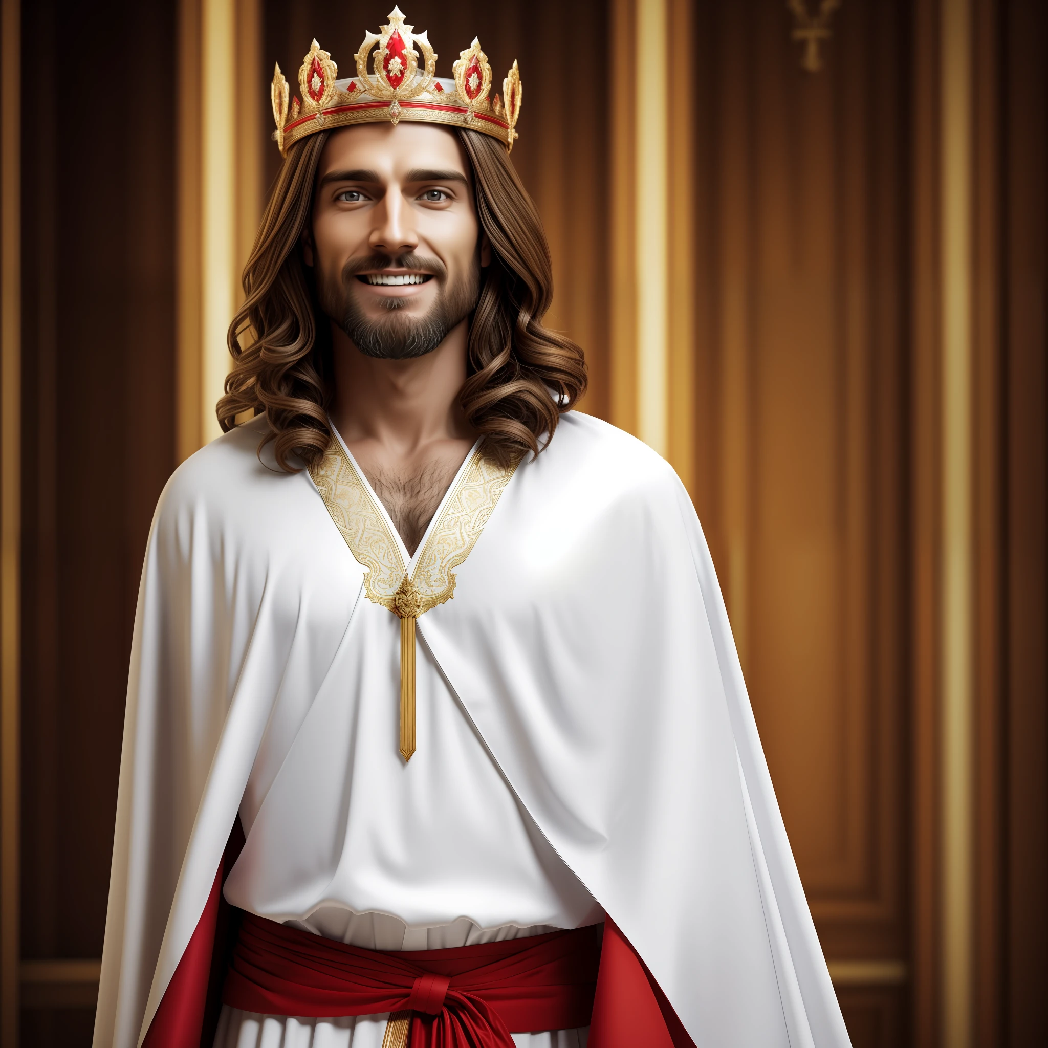 Jesus wearing white tunic with red cape, portrait, wearing Crown, happy Jesus, smiling, cinematic lighting, depth of field, Solomon temple image background, realistic photo, hyperrealism, professional photography, 8k, ultra realistic