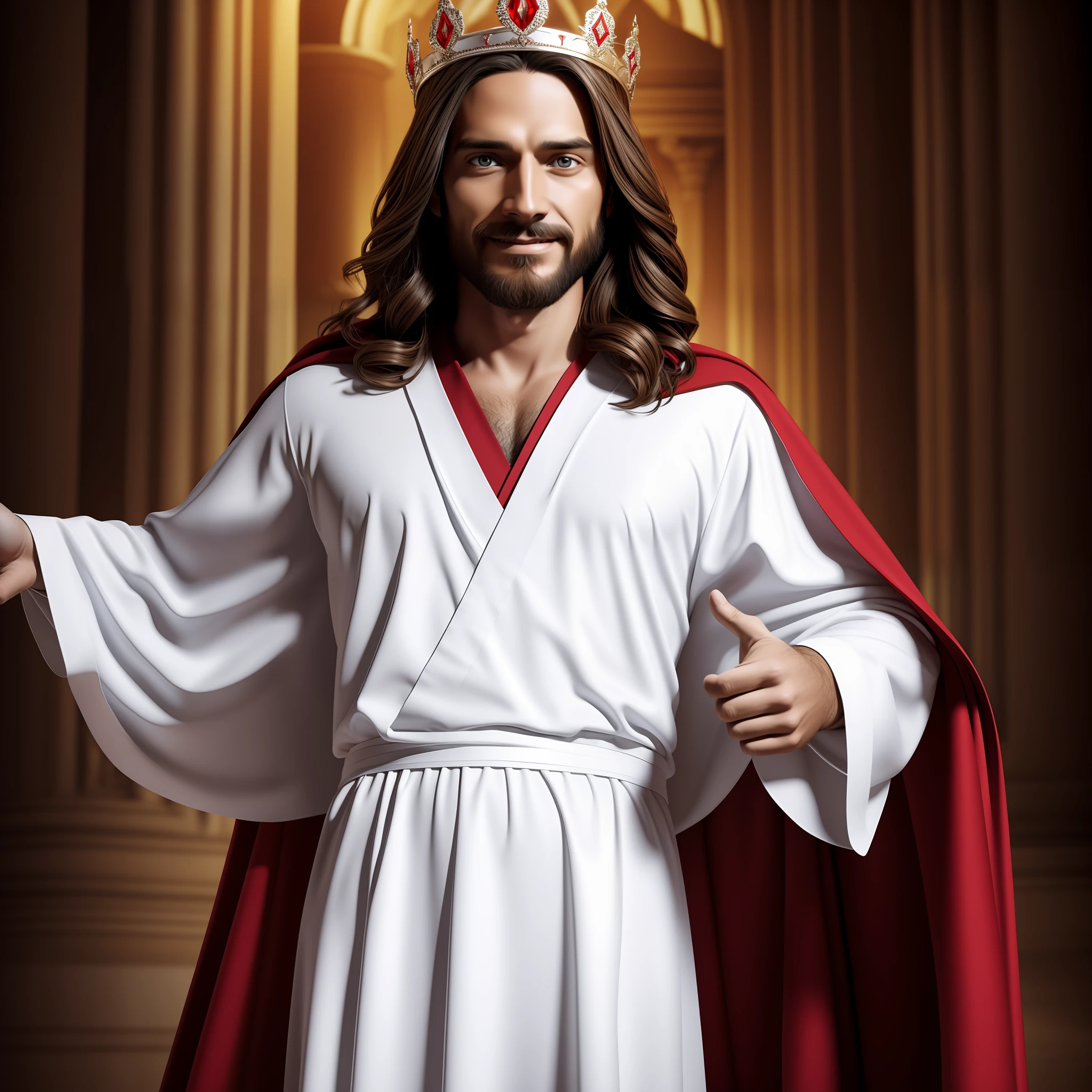 Jesus wearing white tunic with red cape, portrait, wearing Crown, happy Jesus, smiling, cinematic lighting, depth of field, Solomon temple image background, realistic photo, hyperrealism, professional photography, 8k, ultra realistic