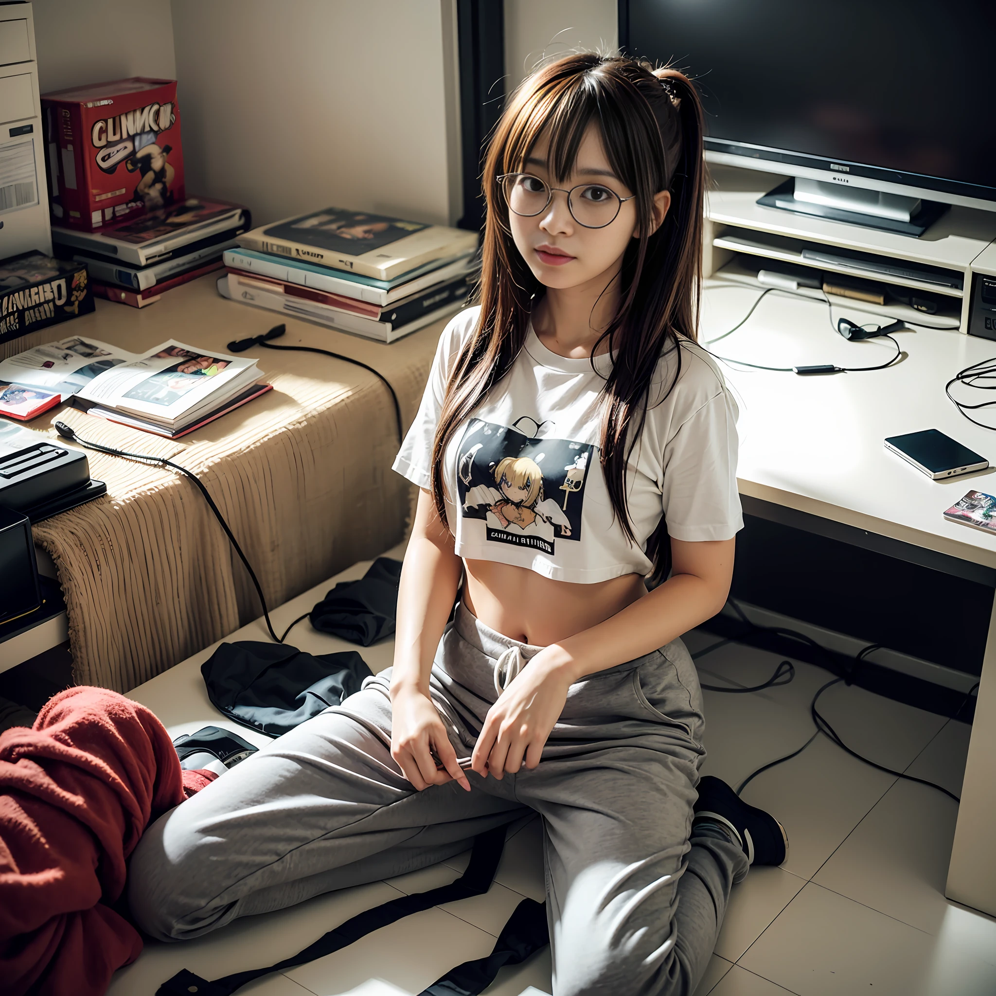 (8k, RAW photos, best quality, masterpieces, : 1.2), (realistic, photorealistic: 1.37), (1 girl, solo: 1.3), 18 years old Japan girls living in a dirty room, (dreamy, soft pastels, bedroom, cozy atmosphere, warm lighting: 1.2), anime otaku girls, black hair, short hair, (disheveled hair, unkempt hair: 1.3), bangs, smile, happy look, small bust, wearing glasses, (crop t-shirt with anime character print: 1.3), sweatpants, shorts, loungewear, headphones, sitting on the floor, scruffy posture, cross-legged, relaxed, cheerful, (heaped comics littered on the floor: 1.3), (littered with garbage, messy room, Clothes left undressed on the floor, empty cans lying on the floor: 1.3), (figure collection case, decorated with many anime character figures: 1.3), (many posters of anime characters on the wall: 1.3), stuffed animals, watching anime on the monitor, potato chips on the desk, spilled potato chips, Energy drinks on your desk, ultra-high resolution, physically based rendering, cinematic lighting, dynamic angles