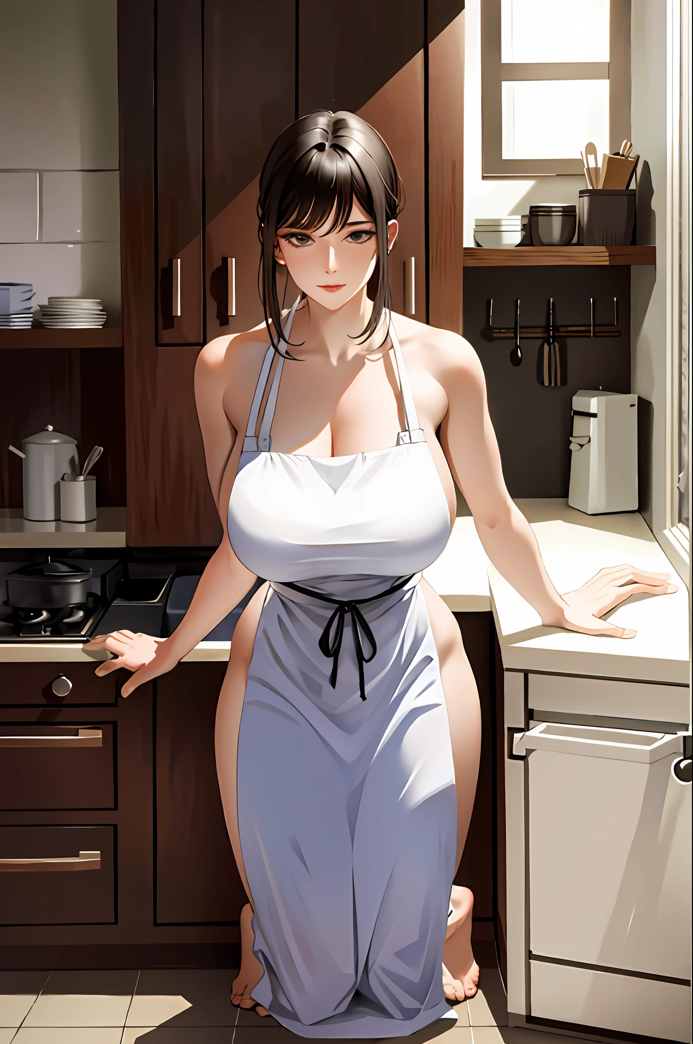 A tall and beautiful mature woman with a confident expression, showing her thighs and shoulders, a plump body, big breasts, a ball head, wearing a nude apron, a human wife, in a kitchen, kneeling on the ground.