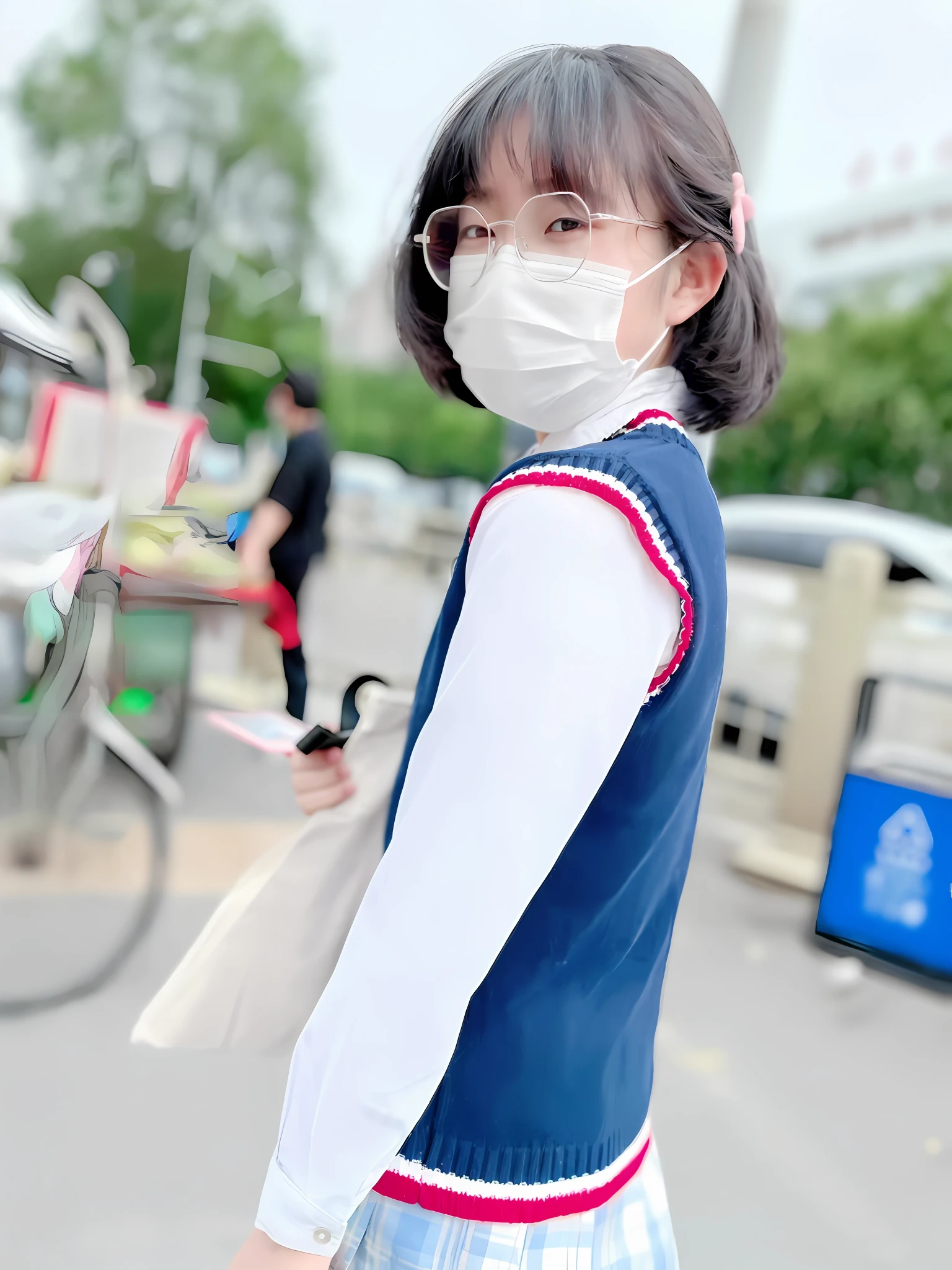there is a woman wearing a mask and a dress walking down the street, wearing mask, wearing facemask, wearing a mask, wearing japanese school uniform, haze over the shoulder shot, student, wearing transparent glass mask, surgical mask covering mouth, dressed with long fluent clothes, the robot wearing her human mask, 8k 50mm iso 10