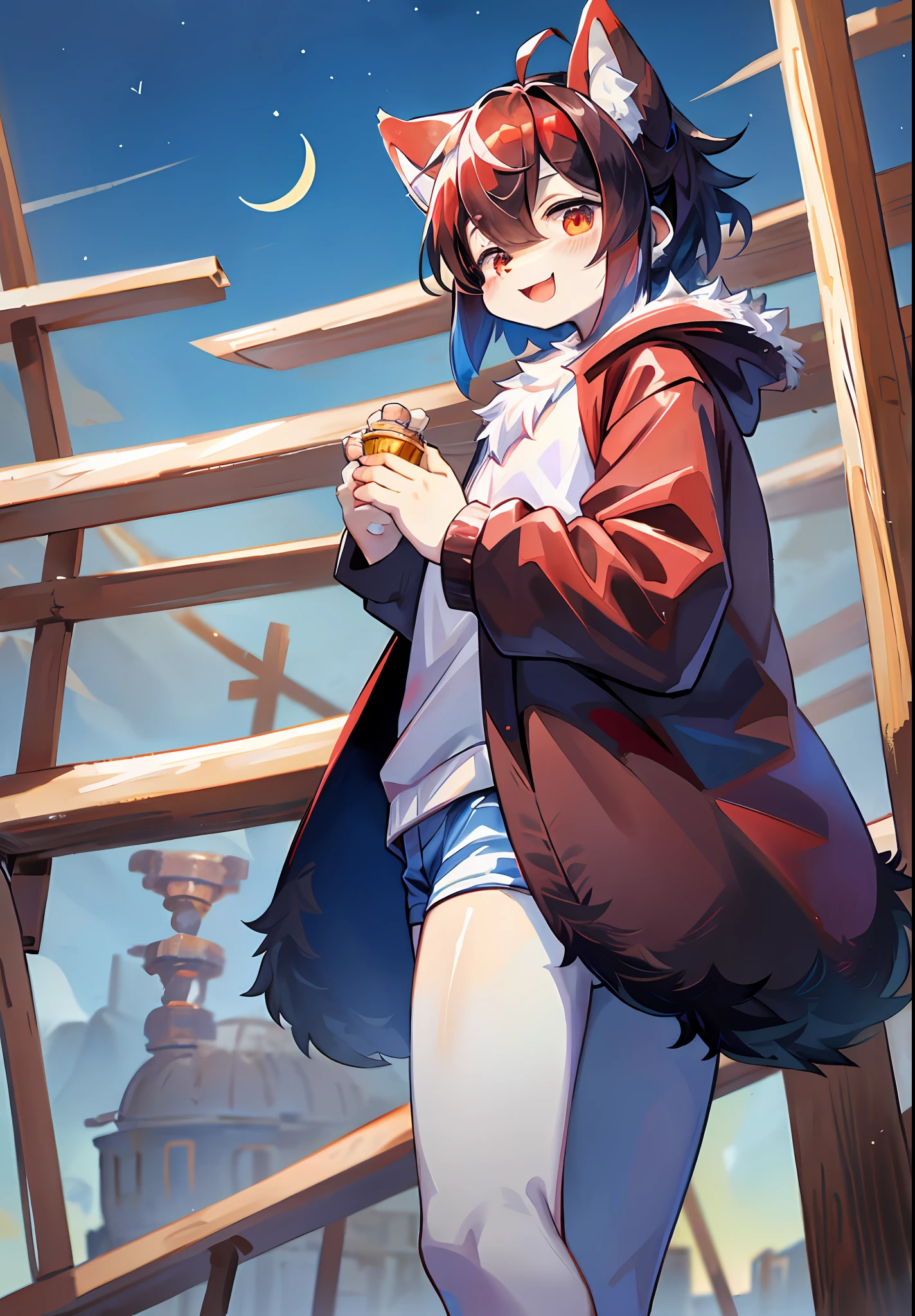(masterpiece:1.3), (2D:1.0), (anime:1.0), (illustration:1.0), (sharp:1.2), (hard light:1.0), (shadow:1.0),(reflection, refraction:0.8), (light, dappled light, glare, lens flare, Tyndall effect: 1.0), (sharp, shiny: 1.0), (Best Quality: 1.2), (Ultra Fine: 1.0), (Extremely Complex: 1.0), (Blurred foreground, Cinematic Light, Ray Tracing: 1.1), (bright_colors, dark_intense_shadows: 1.1), (Impasto, Colorful: 1.2), (warm_light_from_below, glow_white_ particles:1.1),(Ensemble_Stars! _\(style\):0.95). wolf_boy,anthro,uploaded_on_e621,solo,upper_body,cowbow_shot,male_focus,furry_kemono,furry_male,cub,young_male,bishounen,11_years_old,kawaii,cute,fancy,fragile,cool, handsome. detailed_fluffy_fur,tuft,(white_fur,body_fur,oil_skin,skin_with_fluffy_fur:1.3),animal_nose,animal_ear_fluff,fluffy_paws,pawpads,animal_hand,fluffy_big_tail。 Black clothes printed with a maple leaf pattern. (White hooded cape, red and black hoodie: 1.5), short male hair, white hair, purple eyes, closed eyes, bangs, red dull hair, designed according to the character of Genshin Manyo, open mouth, smile, light blush, goggles, raised hand, holding a red katana, red metal leg ring on the thigh of the right leg is short, bottomless, (knife drawn: 1.2), looking at the left front. (night, starry_sky, crescent_moon, star_\(sky\), gem, plant, star_\(symbol), sparkle), outdoor, landscape
