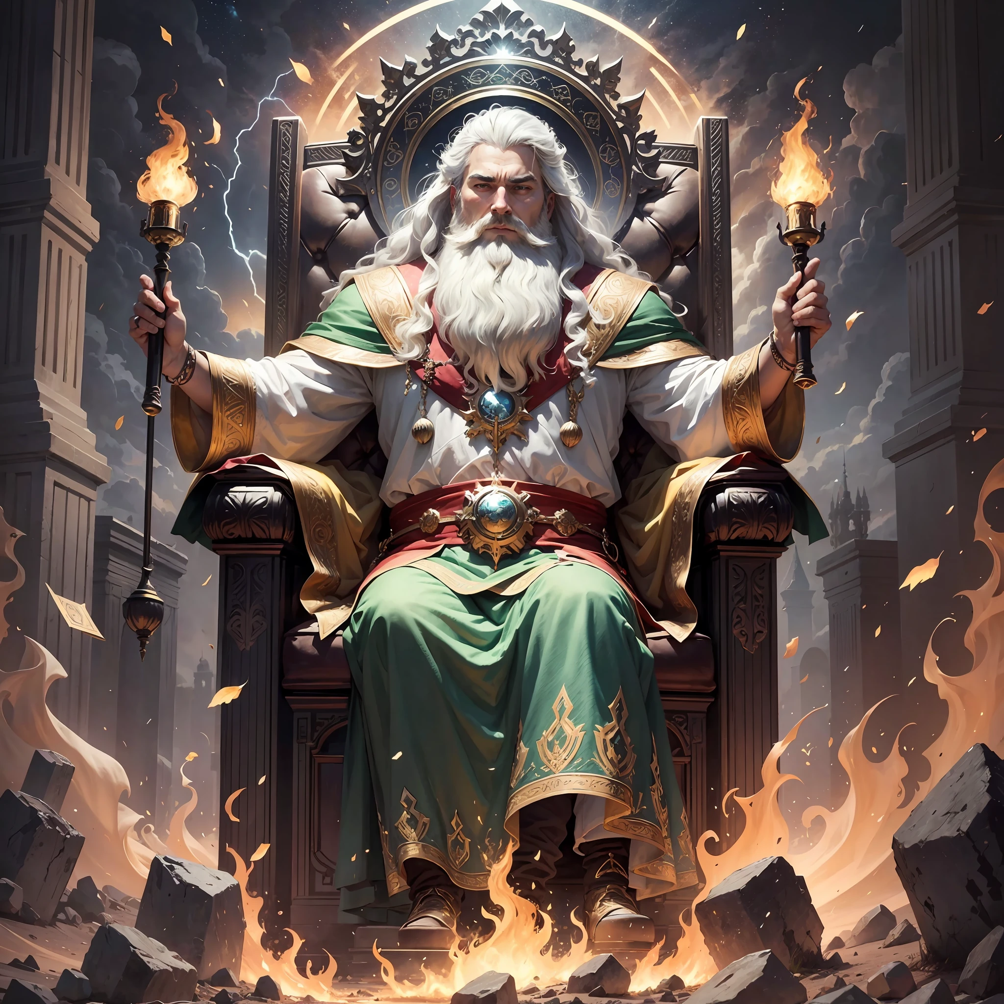 a throne was set in heaven, and God sat on the throne.
And he who was seated was like a man, large and strong, with a beard and white hair; and the arch of heaven was round about the throne, and it was like an emerald.
And out of the throne proceeded lightnings, and thunders, and voices; and before the throne seven lamps of fire burned. --auto --s2