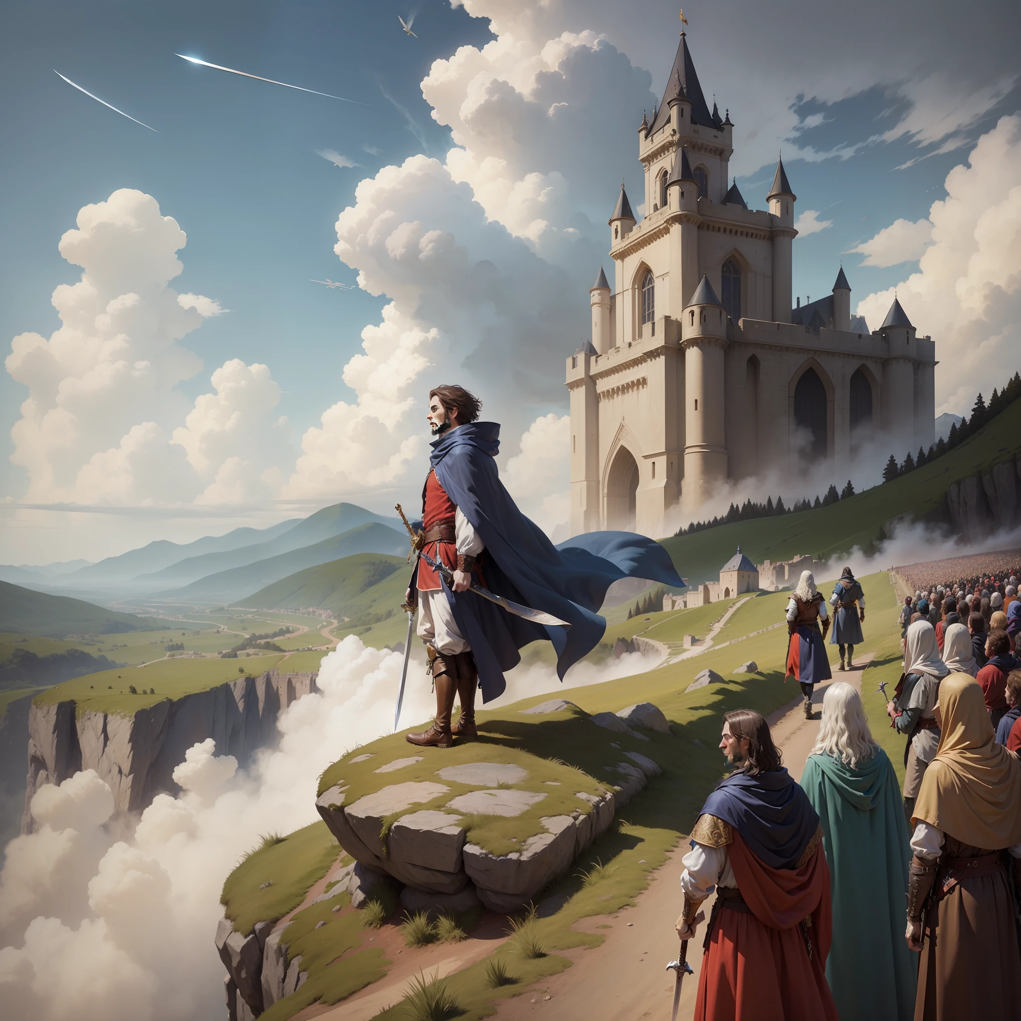 In the European Middle Ages, a man standing on a hillside rock with a sword in the sky, wearing a cloak, followed by a dense uprising revolutionary procession, bravely charged forward