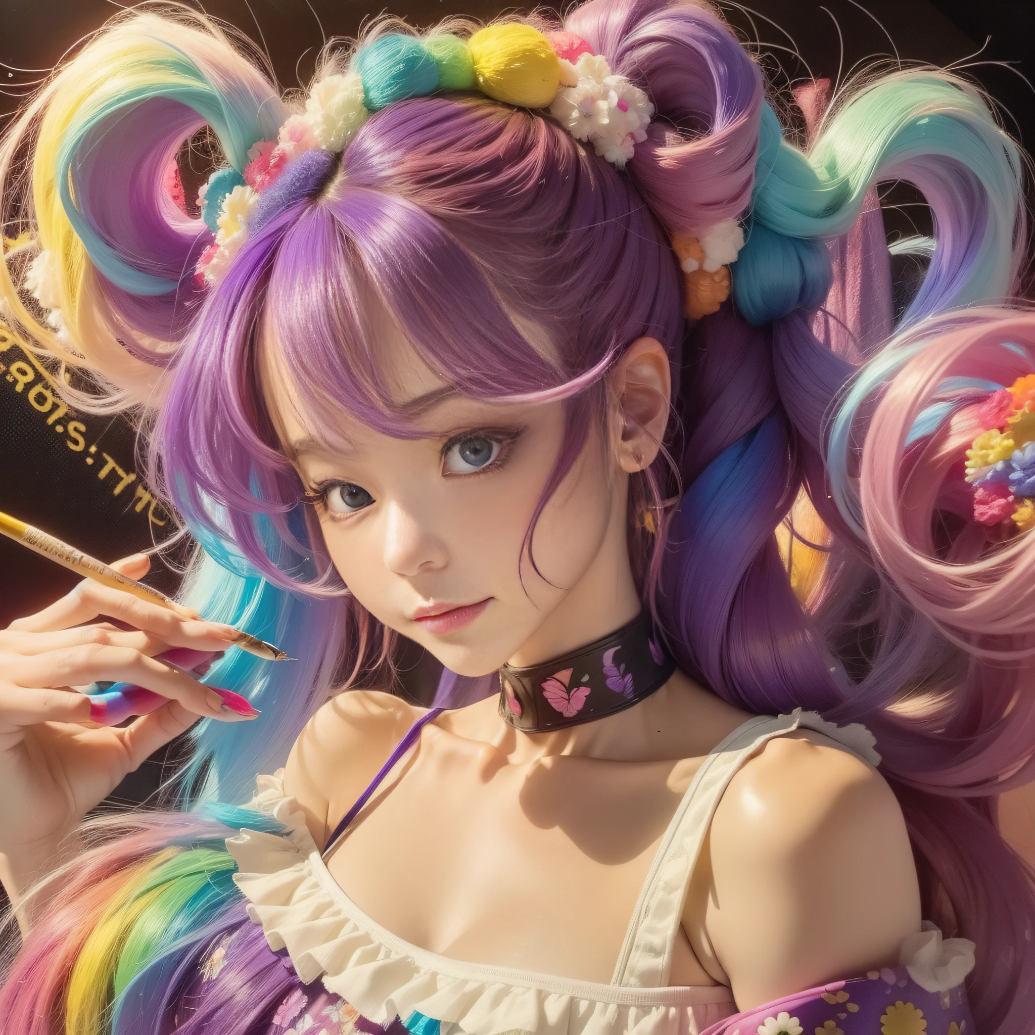 The girl wears a stylish purple t-shirt with colorful hair with rainbow-like colors shining in her strands. She loves drawing and is good at illustration and drawing, especially comics and works with dynamic angles. She has big eyes, crystal clear, as if she can see through people's hearts. She likes to tie her hair into a high ponytail, and the color of the ponytail also has a rainbow gradient effect. Her makeup is delicate, and her lips are slightly closed, revealing a hint of mystery.

The girl wore a delicate white off-the-shoulder t-shirt that showed off her attractive shoulders. Her thick eyelashes add mystery to her eyes. She often looks squarely at the audience, her eyes bright and watery, as if she has infinite charm.

Her hair uses colourful dyeing techniques to create a splash and explosion of colour, with each strand exuding a vibrant glow. She likes heavy paint styles and draws messy but characterful lines. She is a one-man picture of extremely high quality, which is a masterpiece of art. She shows a sense of depth and has gorgeous paintings on her face.

She likes to wear colorful costumes that show her unique personality and artistic atmosphere. Her image is elegant and gorgeous, with long hair, like a flower in the wind. She has charming eyes that reveal wisdom and agility. The color of the eyes may be gradual, which makes people fall for it.

She is surrounded by a colorful background, with extremely saturated colors, as if surrounded by colorful splashes. This girl is like a painting of the highest quality, and people can't help but be captivated.