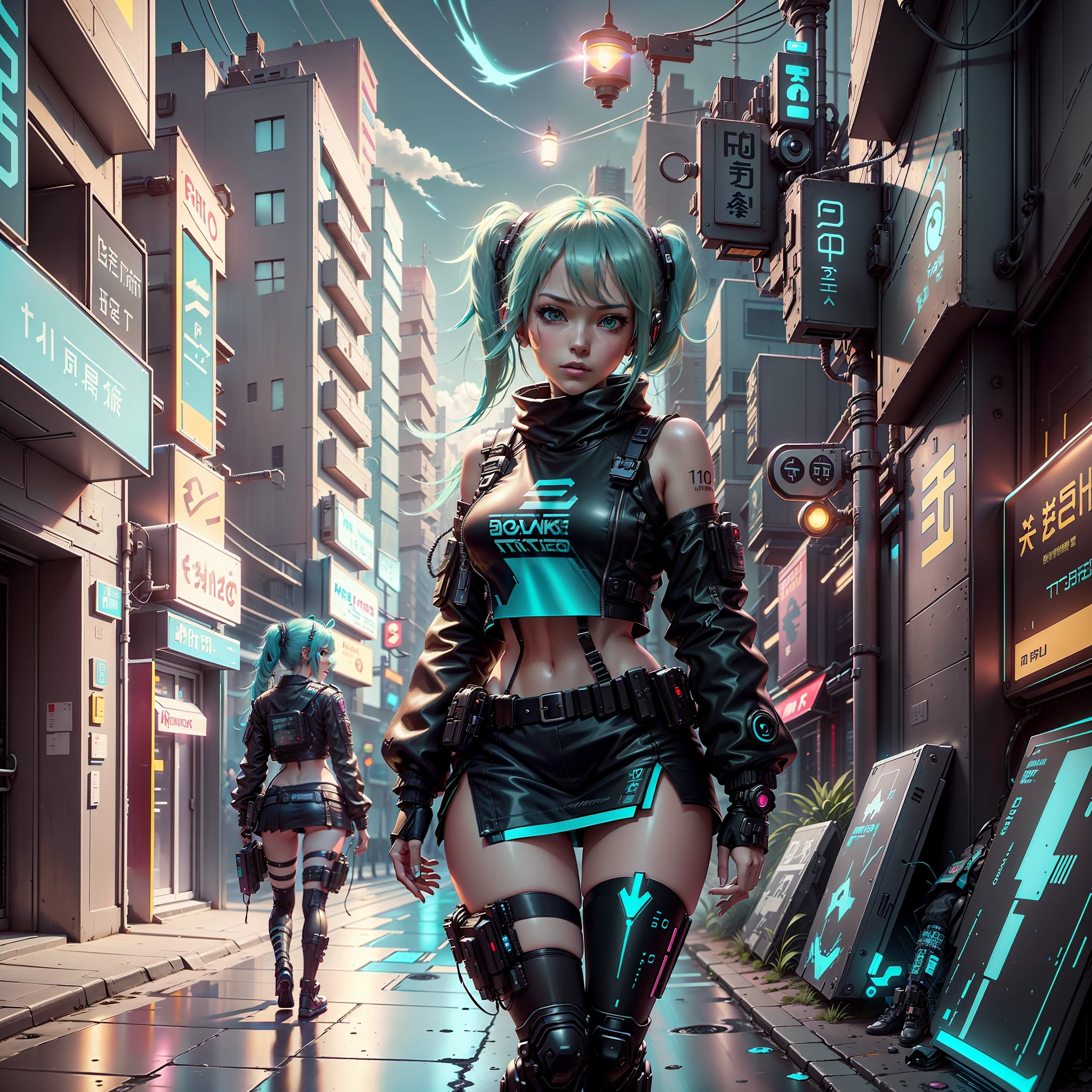 woman in police uniform walking down a street, Hatsune Miku cosplay, female cyberpunk anime girl, cyberpunk anime, cyberpunk anime girl, anime cosplay, cyberpunk girl, anime girl in real life, cyberpunk streets in, cyberpunk style, cyberpunk outfit, has cyberpunk style, oppai cyberpunk, full cosplay --auto --s2