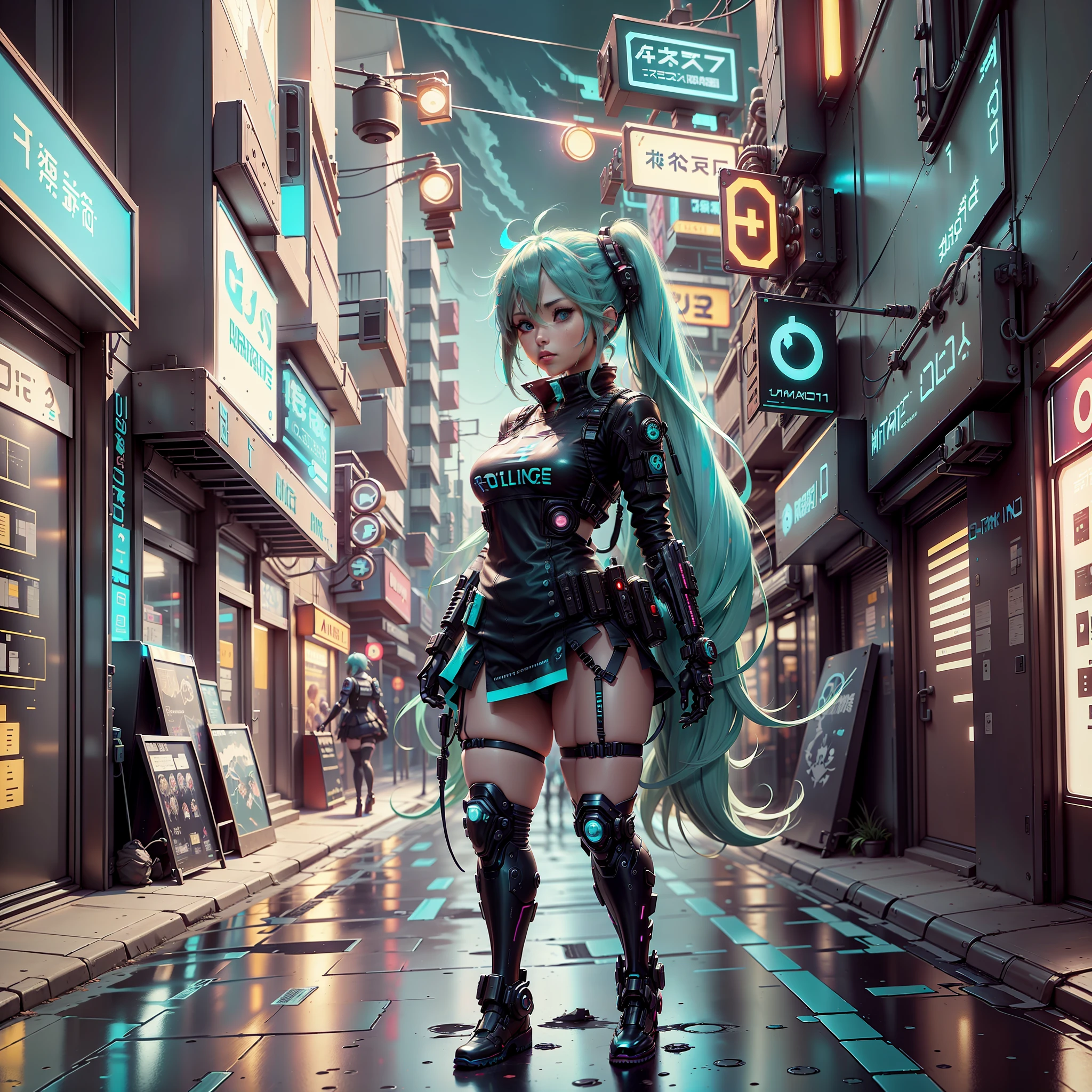 woman in police uniform walking down a street, Hatsune Miku cosplay, female cyberpunk anime girl, cyberpunk anime, cyberpunk anime girl, anime cosplay, cyberpunk girl, anime girl in real life, cyberpunk streets in, cyberpunk style, cyberpunk outfit, has cyberpunk style, oppai cyberpunk, full cosplay --auto --s2