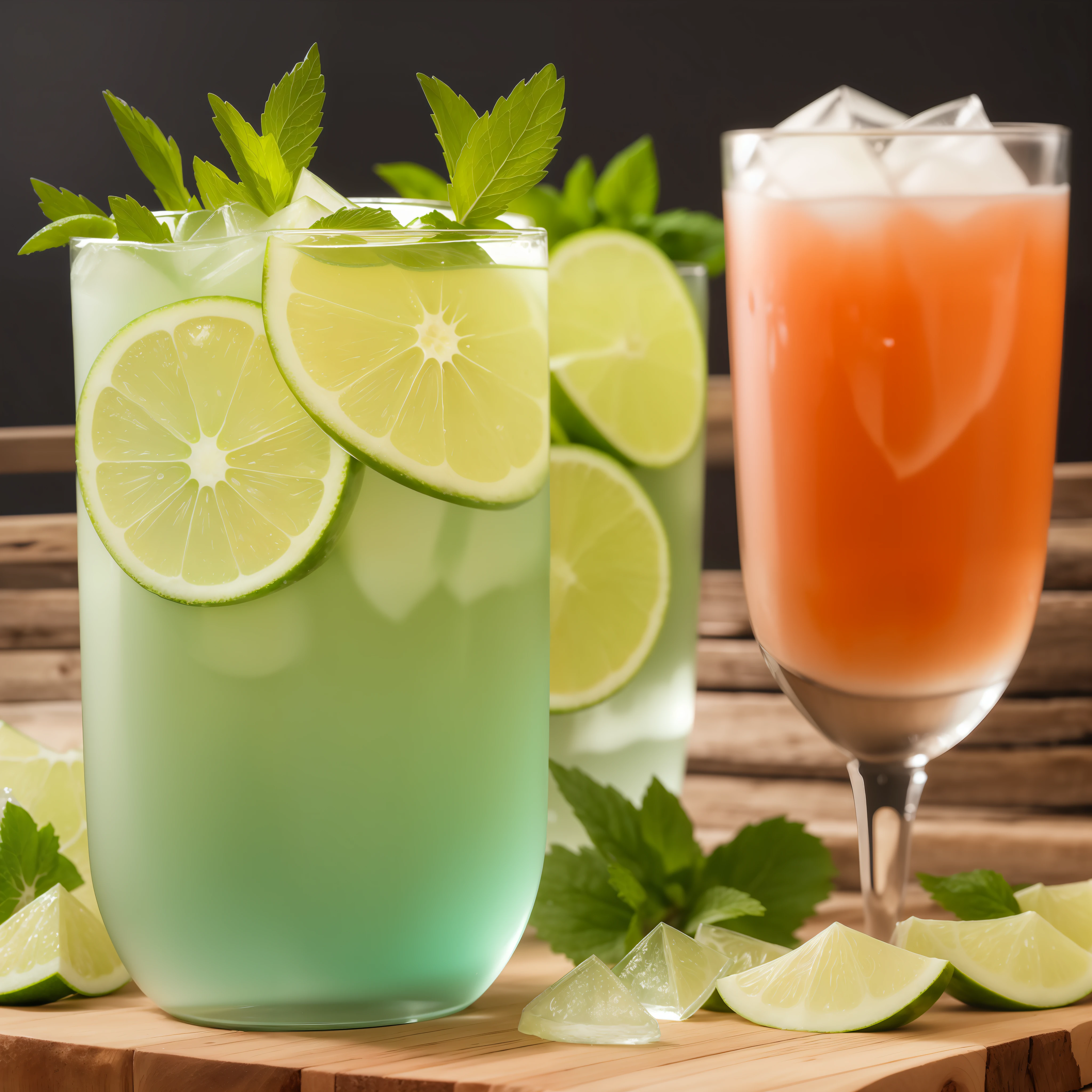 A glass of soda, frozen, frozen effect, placed on a wooden pallet with several sliced watermelons, with mint leaves, small cut orange green, with ice cubes, several scattered ice cubes on the board, super realistic food pictures, full theme shown in the photo, , Ra
