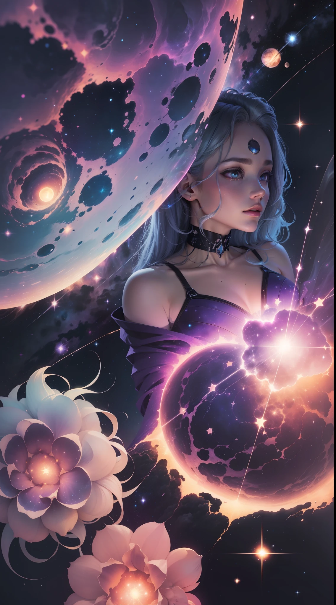 (cosmic aesthetics):1.2, (gravity infection):0.9, fresh air, moon, beautiful starry sky, thousands of stars, shining, strong gravity, distance between stars, amazing satellites, mysterious nebulae, vast beauty of the universe.