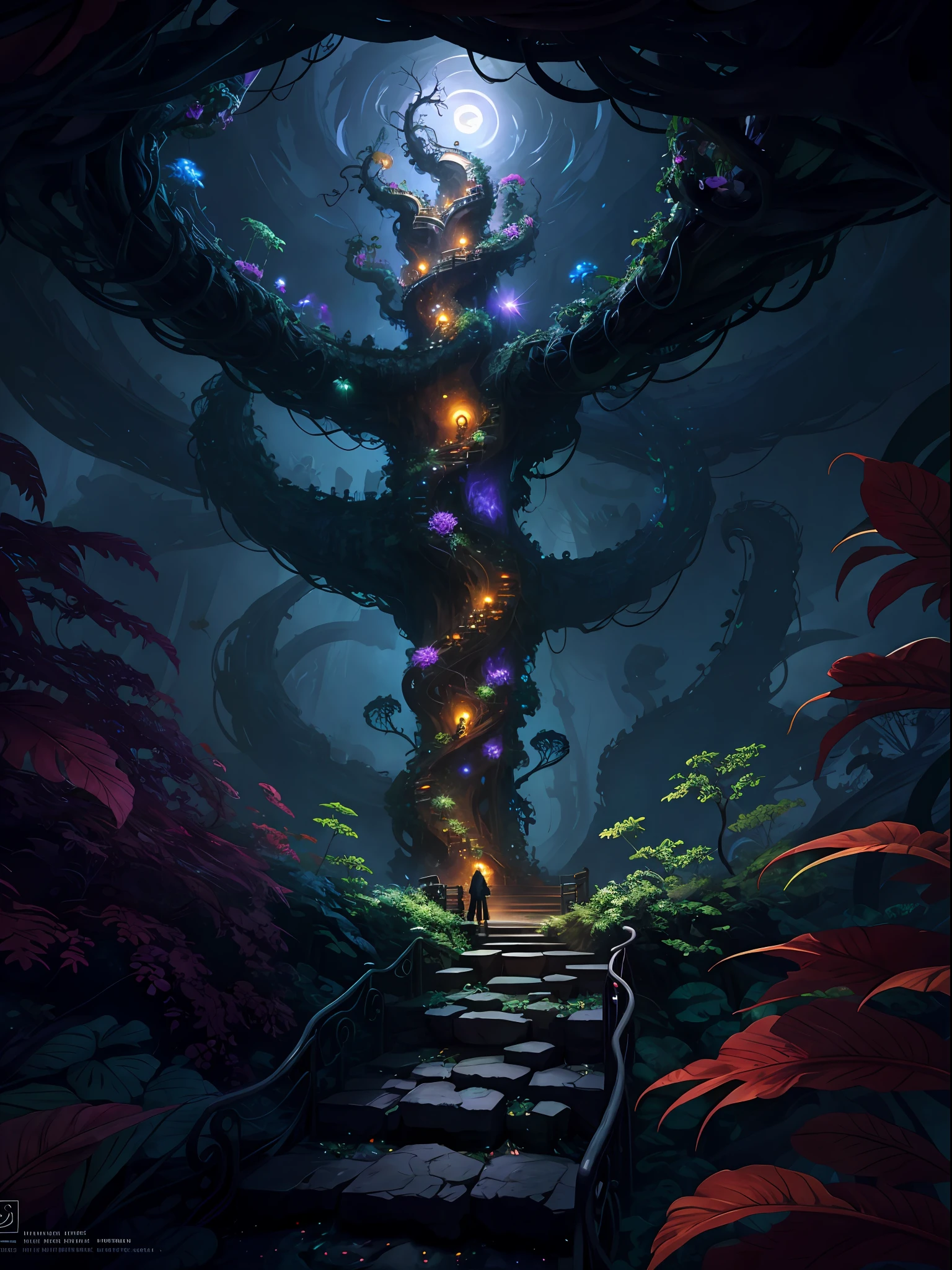 ((best quality)), ((masterpiece)), (high detail), (highres), looking up at the infinite length of the universe, endless galaxies, dangerous black holes, exploding supernovae, floating stars, endless stairs, nebulae, ominous, cinematic atmosphere, negative dark mode, mc escher, senseijaye art, matrix atmosphere, digital code rotation, matte painting," A golden pearl alien wrapped around jungle vines, detailed facial features, extremely delicate and beautiful", colorful poisonous flower vines, surrounded by hordes of red tentacles, antennae: 1.5), swarms of tentacles in the background, fluffy, detailed, cinematic lighting, vibrant nature, volumetric light, trend on artstation, Octane rendering.", trends on artstation, clear focus, studio photos, Intricate detail, very detailed, ((fantasy)), intricate, Unreal Engine,