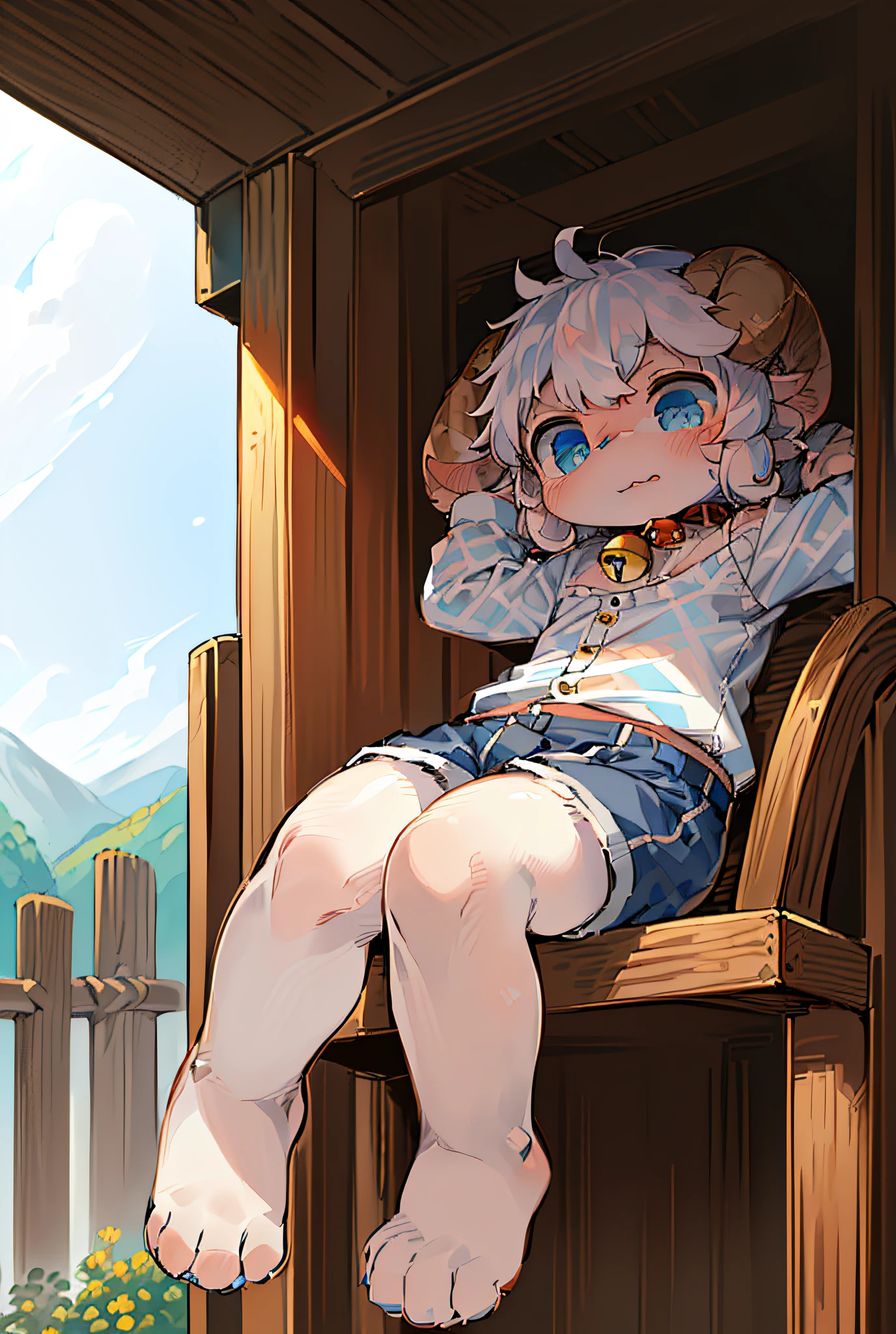 Masterpiece, high quality, absurd resolution, digital painting \ (artwork \), by dagasi, yupa, kiyosan, (fluffy fur, white fur, full body fur, sheepdog pattern: 1.2), human male sheep. Blue eyes, bright eyes, panorama, character focus. Detailed background, (bells, pet collars, shorts), (sheep, meadows: 1.3)