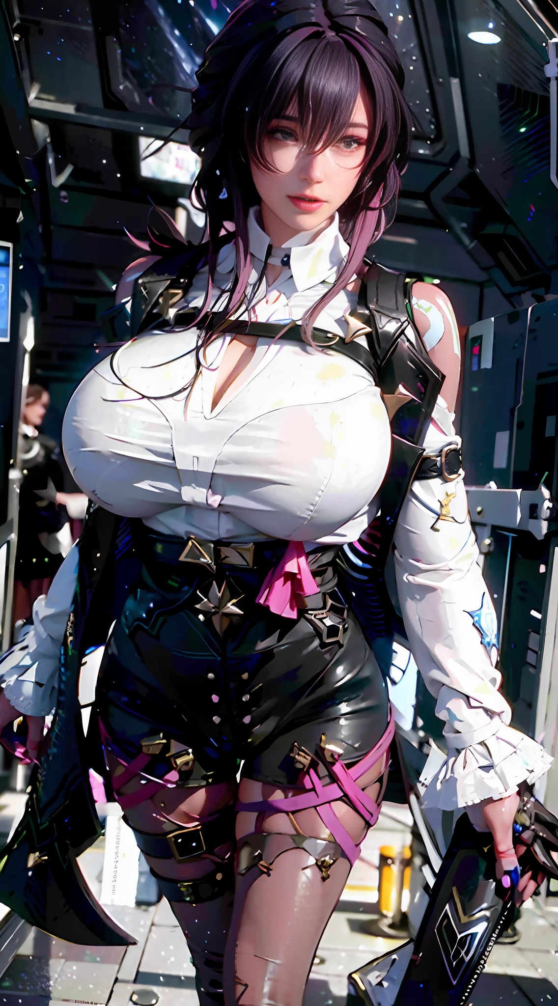 Unreal Engine 5 Realistic Rendering, wearing cosplay Kafka from Honkai Star Rail, Honkai Star Rail, game character, cosplayer, walking down hallway of futuristic space station, beautiful face, makeup, top body is hyper realistic thicc muscle and hyper largest_breasts!! with the type of boobs_melons, lower is huge buttocks, jealous, highres, highres, 1080P, UHD, masterpiece