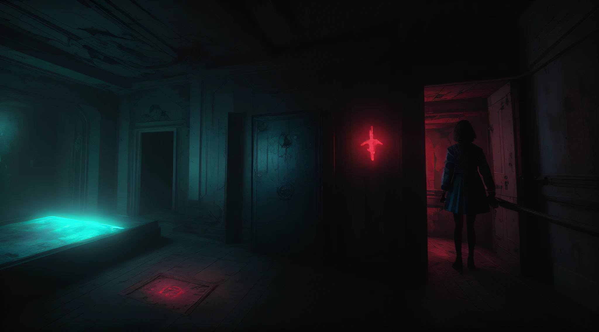 Square Interior Space, Secret Room, Immersive Indoor Horror Theme, Escape Room, Holographic, Projection, Decryption, Exploration, Detail, High Precision, Ground Projection, A Girl, A Boy, Bloody, Horror,