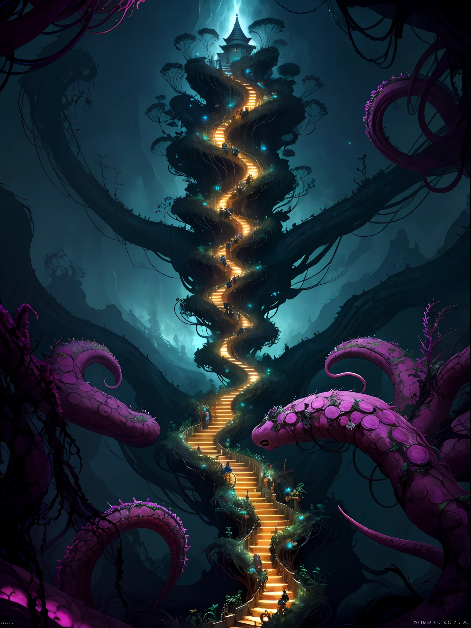 ((best quality)), ((masterpiece)), (high detail), (highres), looking up at the infinite length of the universe, endless galaxies, dangerous black holes, exploding supernovae, floating stars, endless stairs, nebulae, ominous, cinematic atmosphere, negative dark mode, mc escher, senseijaye art, matrix atmosphere, digital code rotation, matte painting," A golden pearl alien wrapped around jungle vines, detailed facial features, extremely delicate and beautiful", colorful poisonous flower vines, surrounded by hordes of red tentacles, antennae: 1.5), swarms of tentacles in the background, fluffy, detailed, cinematic lighting, vibrant nature, volumetric light, trend on artstation, Octane rendering.", trends on artstation, clear focus, studio photos, Intricate detail, very detailed, ((fantasy)), intricate, Unreal Engine,