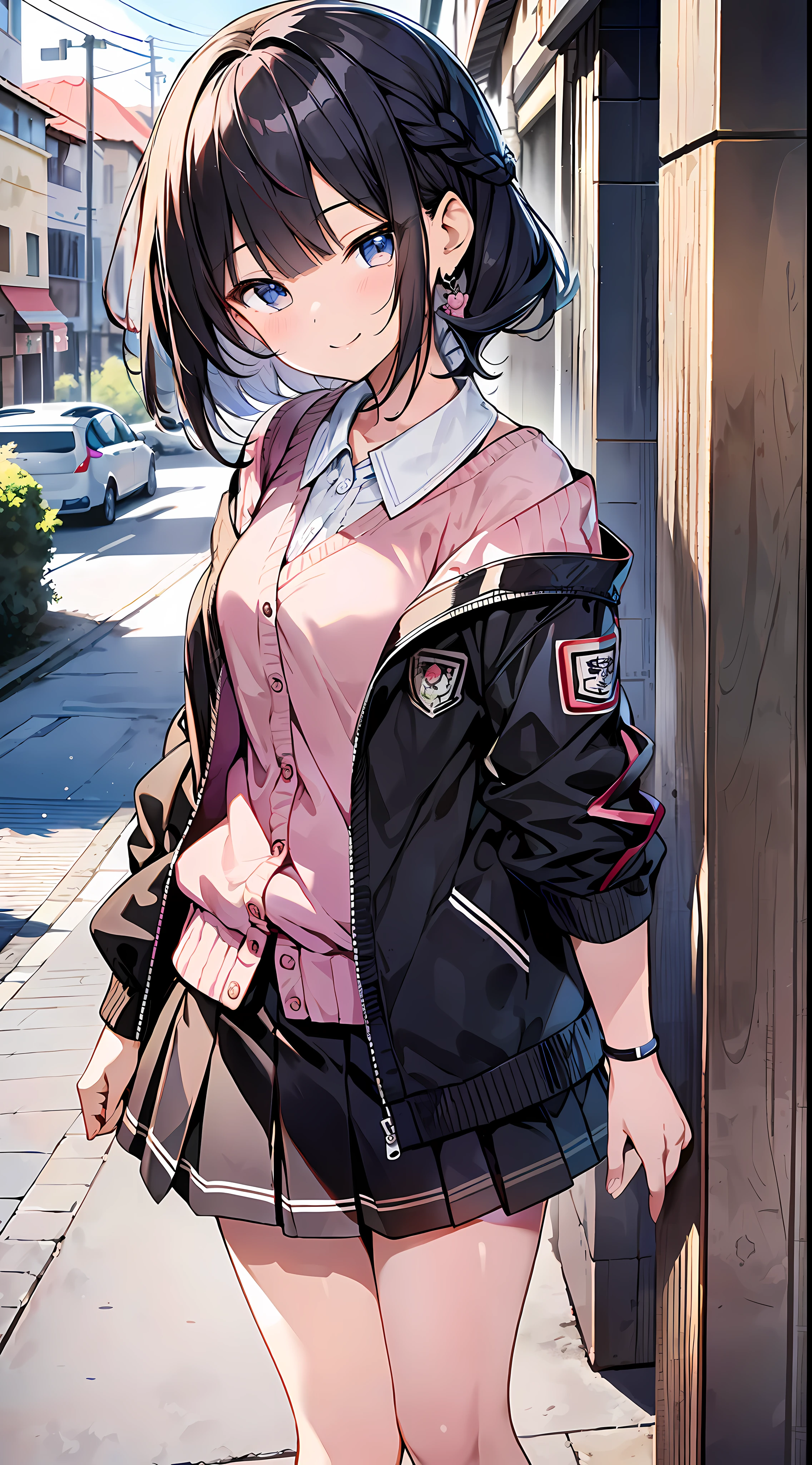 (incredibly absurdres absolutely resolution: 1.5), highest quality, masterpiece, ultra high resolution, 8k, (light-colored cardigan, sneakers, skirt) BREAK shoujo manga style, (li), soft line art, digital enhancement, shojo manga touch, shojo manga core, (hair length to shoulder)))), ( Short braid))) BREAK Soft drawing, beautiful black hair, clear eyes, (((smile, wink)), ultra-detailed digital anime art, clear face depiction, ultra-detailed shojo manga character art, clear facial features, manga style, top quality colors, angle that you can see to your feet, entangle, beautiful and aesthetic: 1.5, High quality:1.3