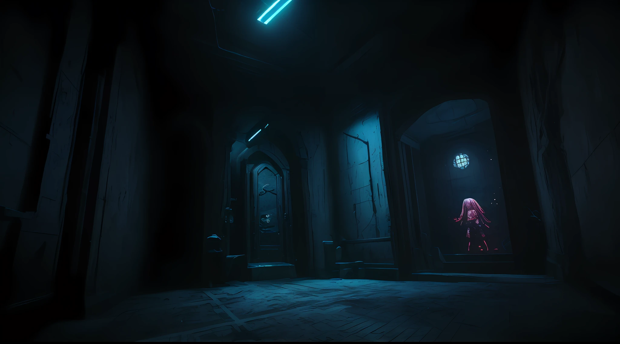 Square Interior Space, Secret Room, Immersive Indoor Horror Theme, Escape Room, Holographic, Projection, Decryption, Exploration, Detail, High Precision, Ground Projection, A Girl, A Boy, Bloody, Horror,