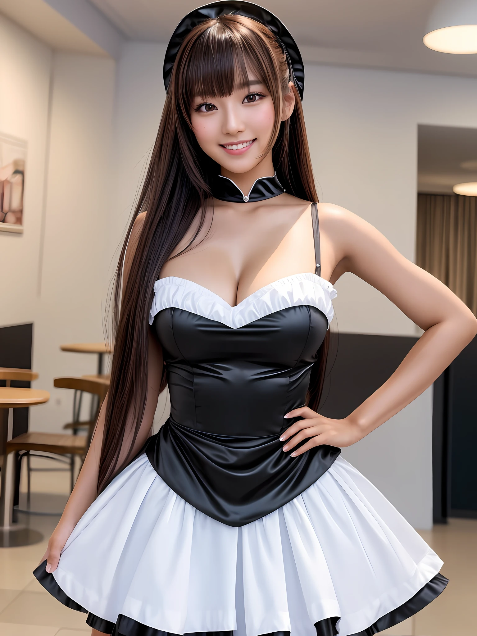 masterpiece, 1 girl per 1 photo, upper body shot, directly front view, a Japanese young pretty woman, wearing a satin black maid costume in the cafe with a big smile, glamorous figure, hyper cute face, glossy lips, sweaty body, double eyelids in both eyes, Natural makeup, long eyelashes, shiny smooth light brown hair of long bob hair, asymmetrical bangs, tanned skin, central image, 8K resolution, high detail, detailed hairstyle, Detailed Face, spectacular cinematic lighting, octane rendering, vibrant, hyper realistic, perfect limbs, perfect anatomy