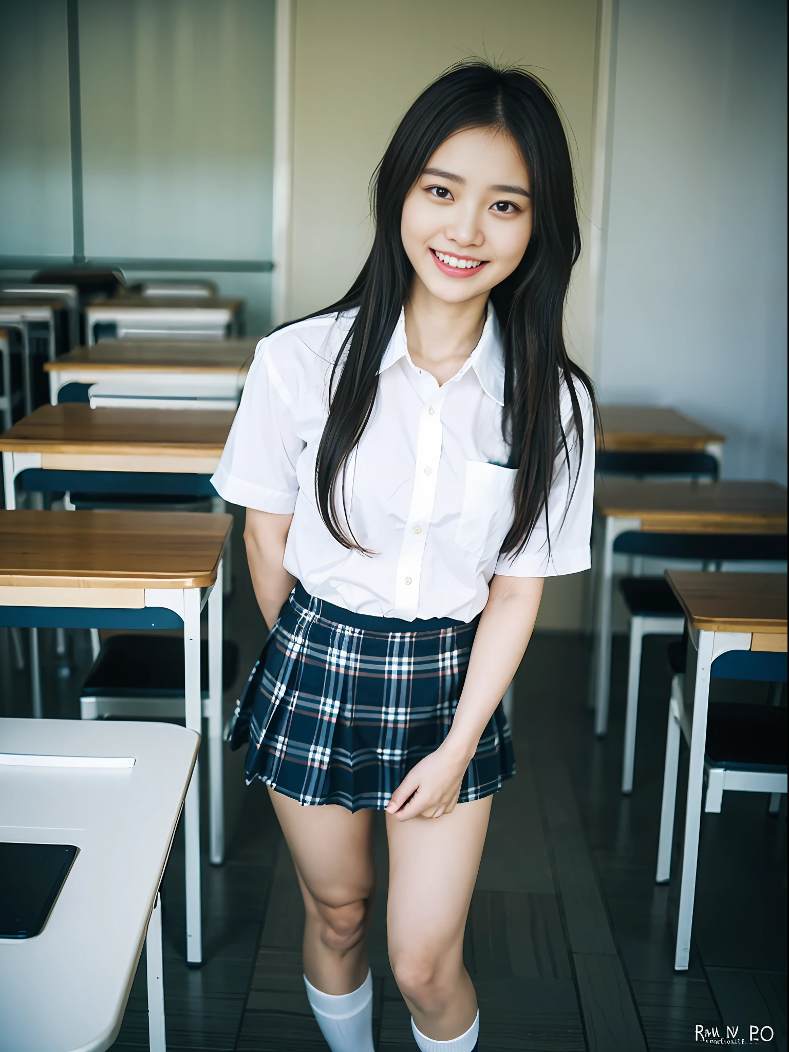Women in the Japan, (RAW photos, top quality, masterpieces: 1), high definition RAW color photos, professional photos, (realistic, realistic photos: 1.37), cinematic lights, 1 unforgettable smile, clean teeth, messy hair, floating hair, super detailed, school classroom, wearing a white shirt - gray plaid mini skirt and loose sock shirt with ribbon, standing, full body image,