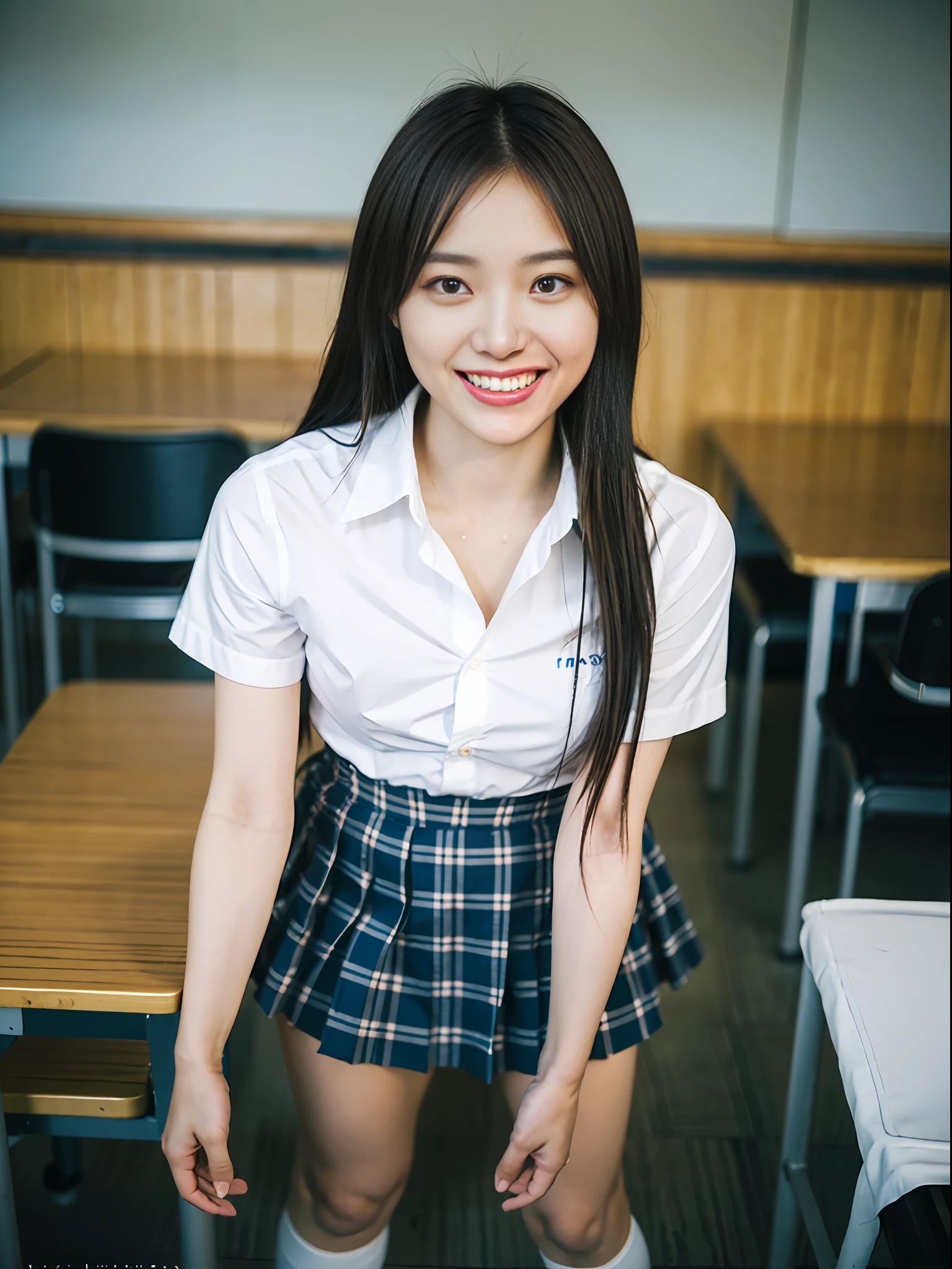 Women in the Japan, (RAW photos, top quality, masterpieces: 1), high definition RAW color photos, professional photos, (realistic, realistic photos: 1.37), cinematic lights, 1 unforgettable smile, clean teeth, messy hair, floating hair, super detailed, school classroom, wearing a white shirt - gray plaid mini skirt and loose sock shirt with ribbon, standing, full body image,