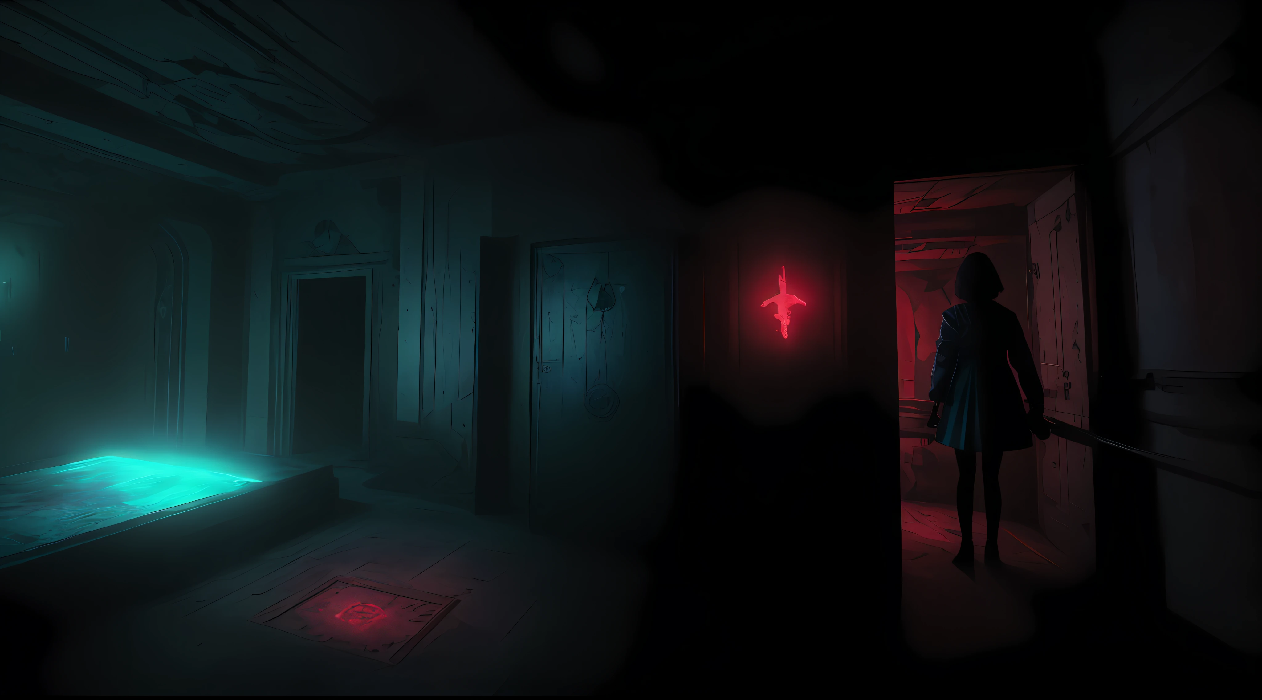 Square Interior Space, Secret Room, Immersive Indoor Horror Theme, Escape Room, Holographic, Projection, Decryption, Exploration, Detail, High Precision, Ground Projection, A Girl, A Boy, Bloody, Horror,