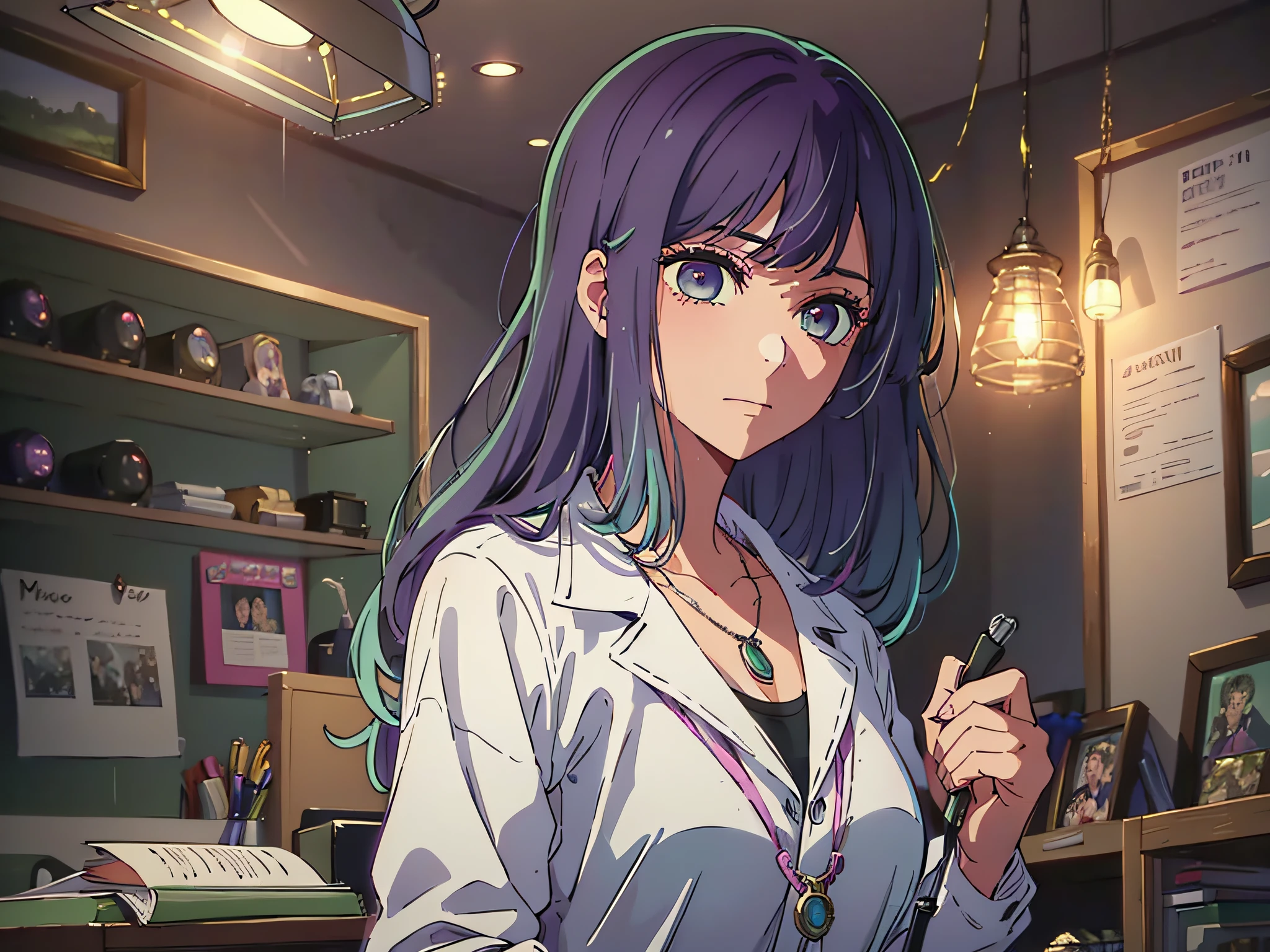High resolution, highest quality, illustration, super detailed, (detailed face), (detailed eyes), cinematic lighting, best quality, super detailed, masterpiece, fine lines, 1girl, solo, purple hair, purple eyes, white coat, pink shirt, jewelry, necklace, glowing eyes, medium breasts, light, (colored), upper body, scissors in hand, indoor, well-behaved girl