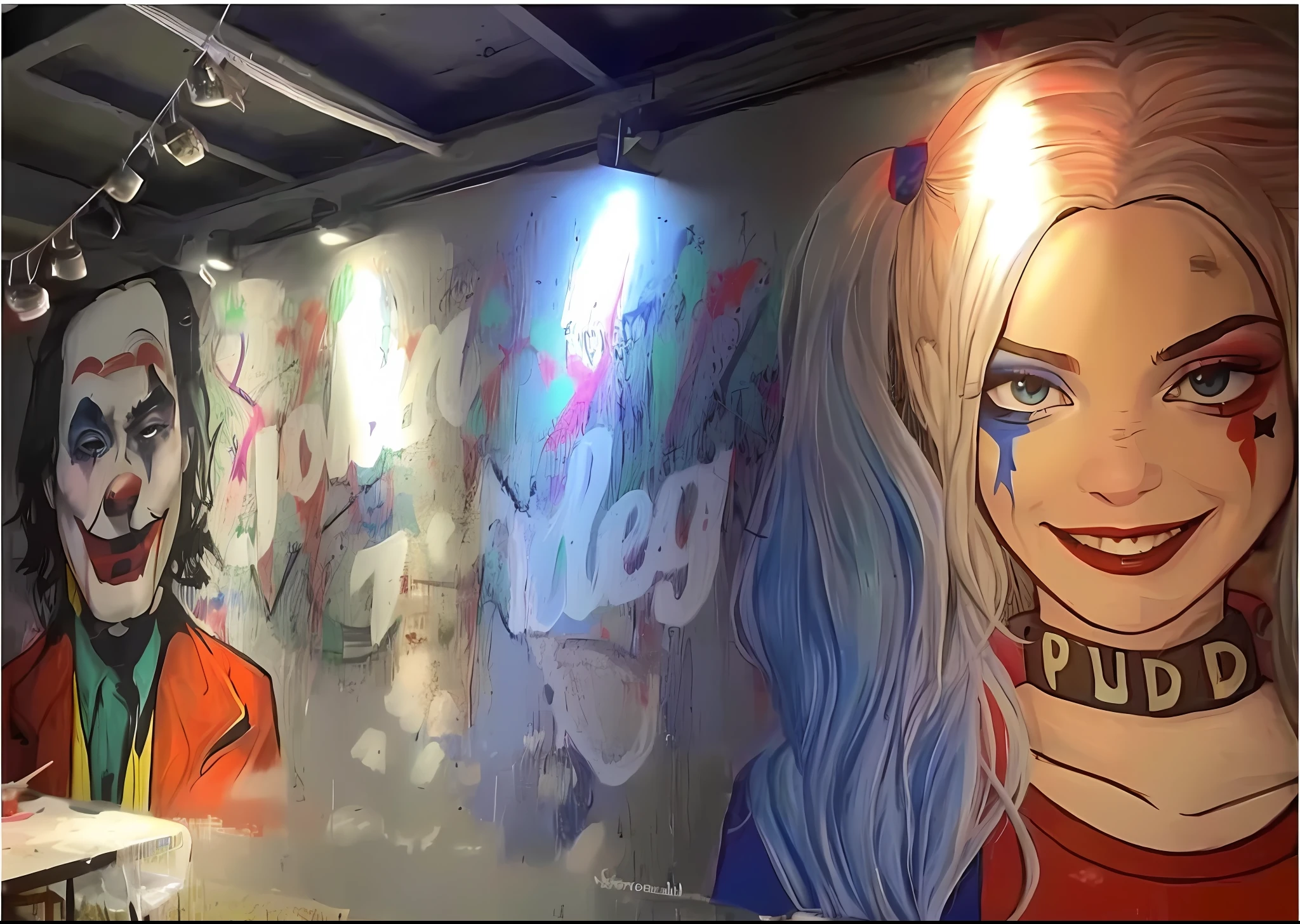 Hand drawn cartoon art style, harley quinne, murals, graffiti paintings, harley quinn,