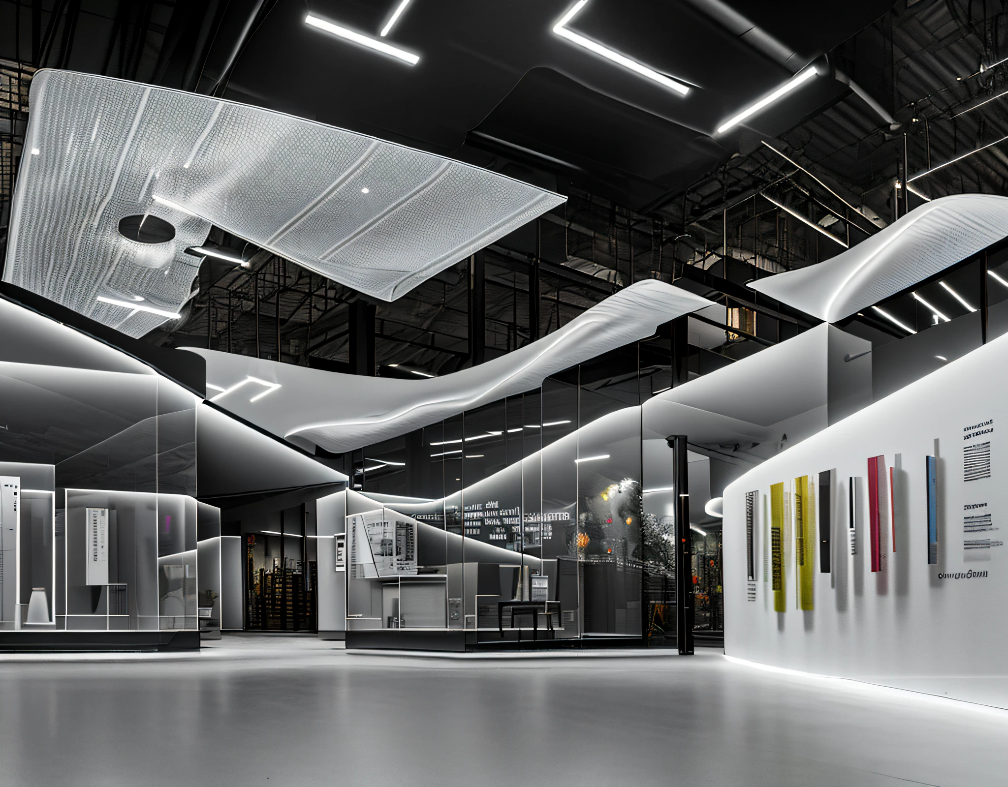 Exhibition hall, single point perspective space, huge space, dream, halo, technical space (mechanical ceiling: 1.4), pure space, minimalist design, pure ceiling, (clean ceiling: 1.2), wooden floor, architectural wall, (many display cases on the ground), display case in light, there are many on the wall (screen display: 1.2) description engineering drawings, high quality, highest quality, 4k, 8k, professional lighting