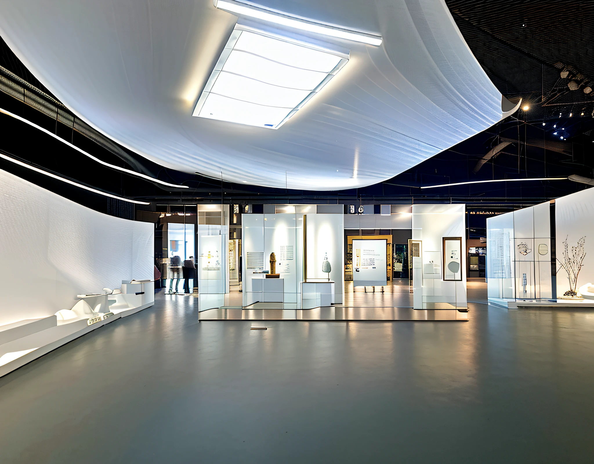 Exhibition hall, single point perspective space, huge space, dream, halo, technical space (mechanical ceiling: 1.4), pure space, minimalist design, pure ceiling, (clean ceiling: 1.2), wooden floor, architectural wall, (many display cases on the ground), display case in light, there are many on the wall (screen display: 1.2) description engineering drawings, high quality, highest quality, 4k, 8k, professional lighting