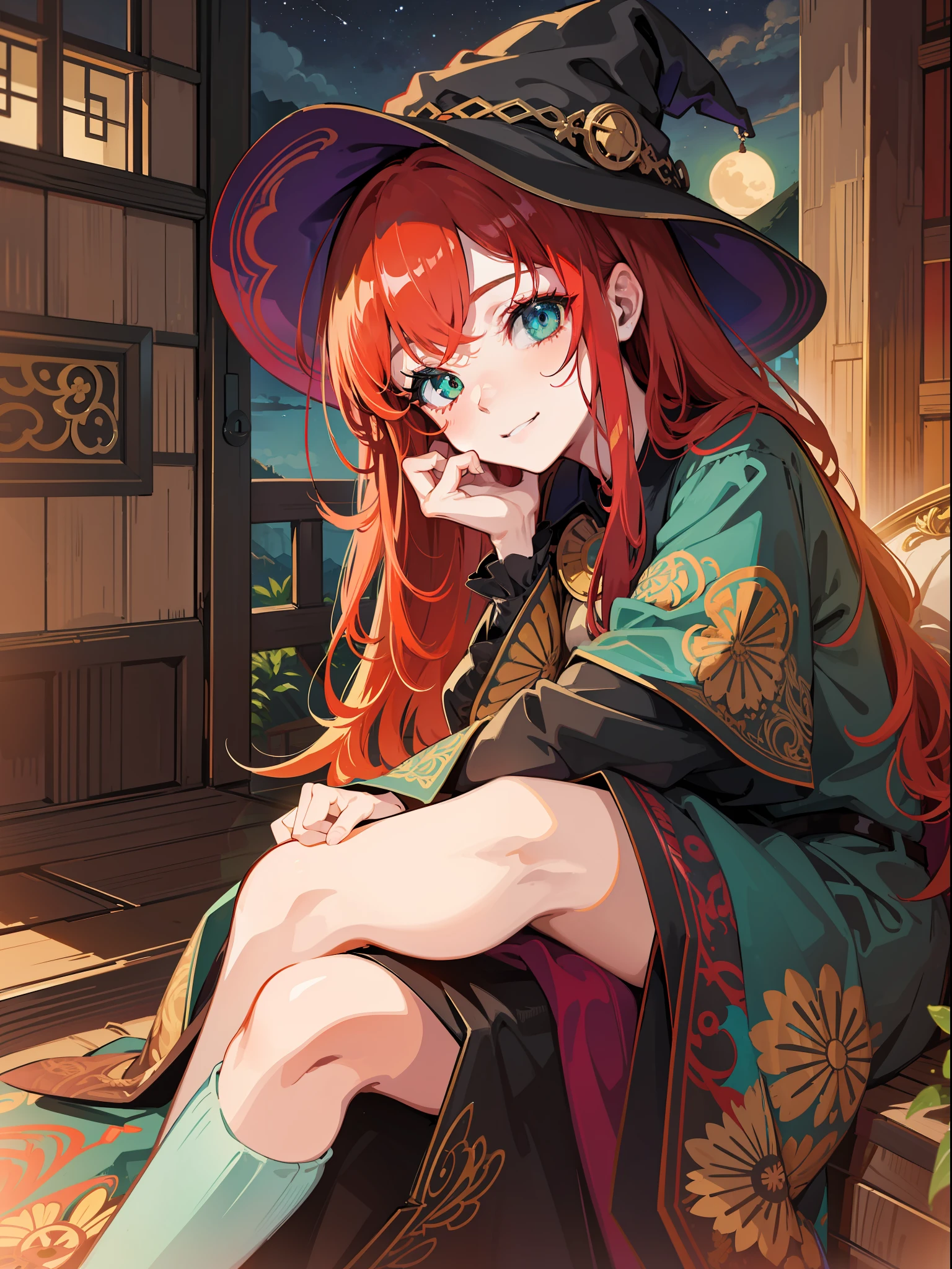 cute girl, witch, sitting in a couch, in love,vivid eyes, green eyes, smilling, alone, night, gorgeous, intimate, messy hair, digital art, in a hut masterpiece, high details, modern, red hair, intricate, perfect face, traced lights, peace, (sensual), embarassed, misteryous