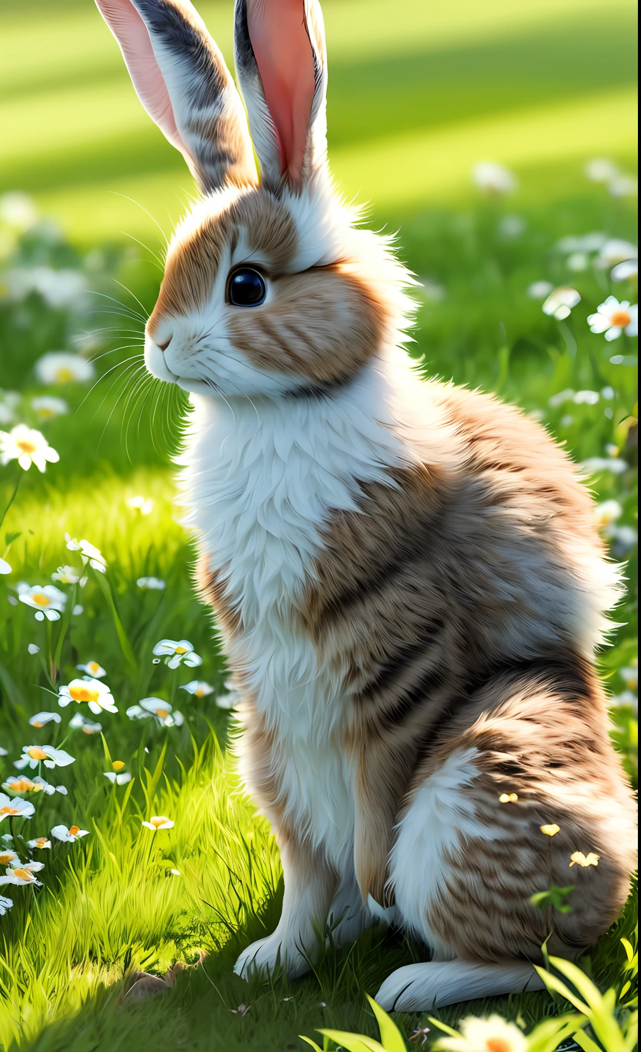 ((masterpiece, best quality)), soil, animal ears, fluffy rabbit, rabbit ears, looking at the viewer, grass, outdoors, whole body, animal, sunlight, dappled sunlight, daytime, depth of field --v6