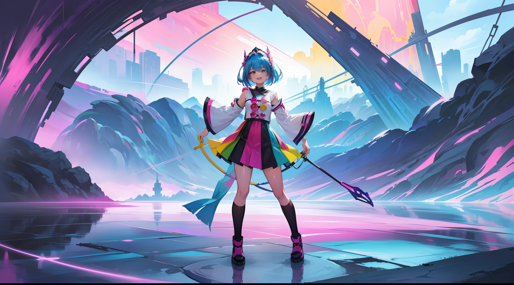 ((abstract and surreal place with vibrant colors that gives the feeling of joy, motivation, satisfaction and knowledge)), clear place, full body shot, 1girl with short ancestral clothes
