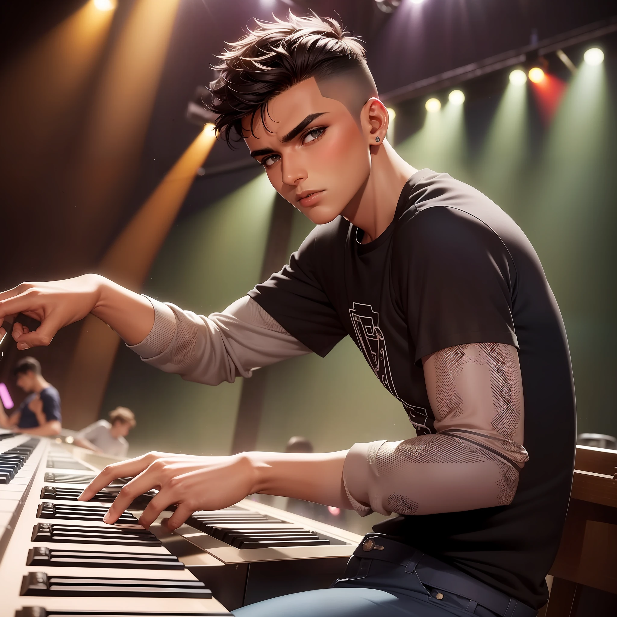 (dramatic illumination, dynamic angle, intense color contrast), (young indian man with short black faux-hawk, dimples, brown skin and brown eyes: 1.2), (playing electronic keyboard: 1.2), (wearing black jeans, blue T-shirt green striped long sleeves and atom graphic:1.1), (pub/old-fashioned bar/country bar:1.1), (on stage, bright colourful spotlights, beams of light), (bright spotlight, lively music)