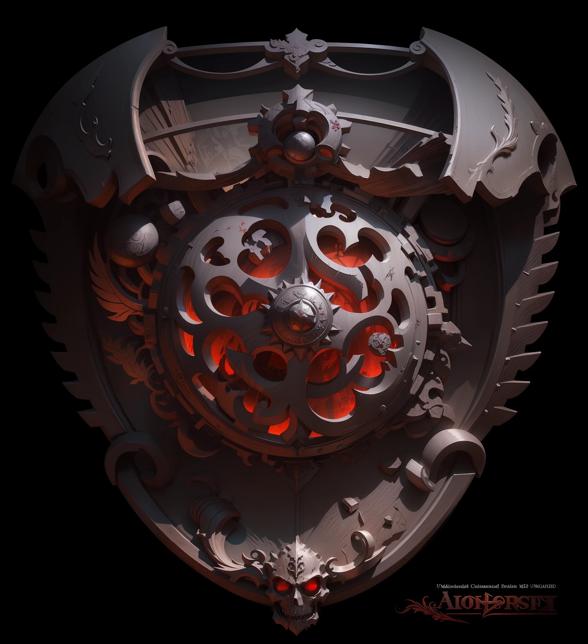 Masterpiece, best quality, (very detailed CG unified 8k wallpaper), (best quality), (best illustration), (best shadow), clear grain, pile of red skulls in the middle, metal coat of arms, old metal coat of arms, red atmosphere, clear lines, patterns, --auto --s2