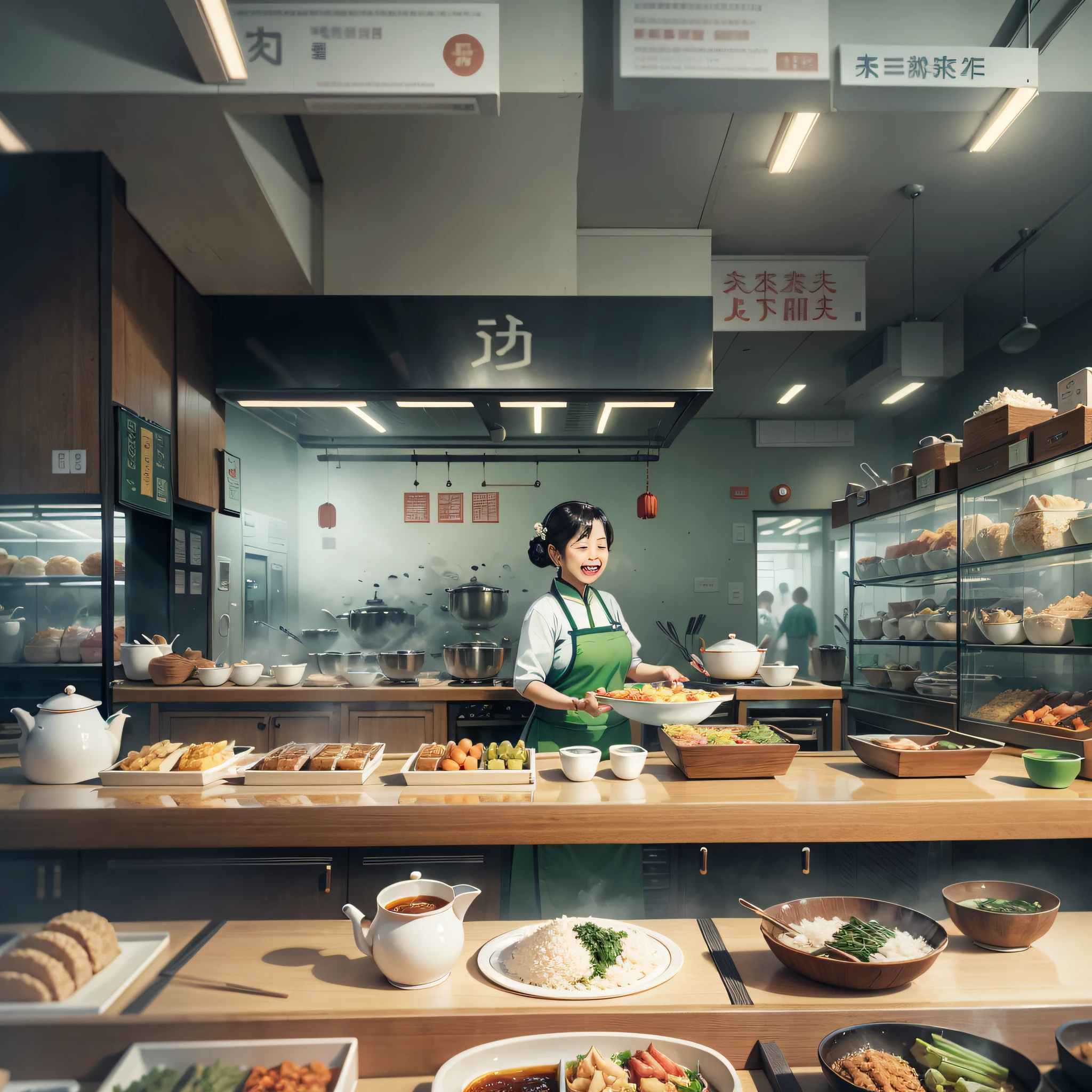 China, hospital cafeteria, rice aunt, happy, realistic, photorealistic --auto --s2