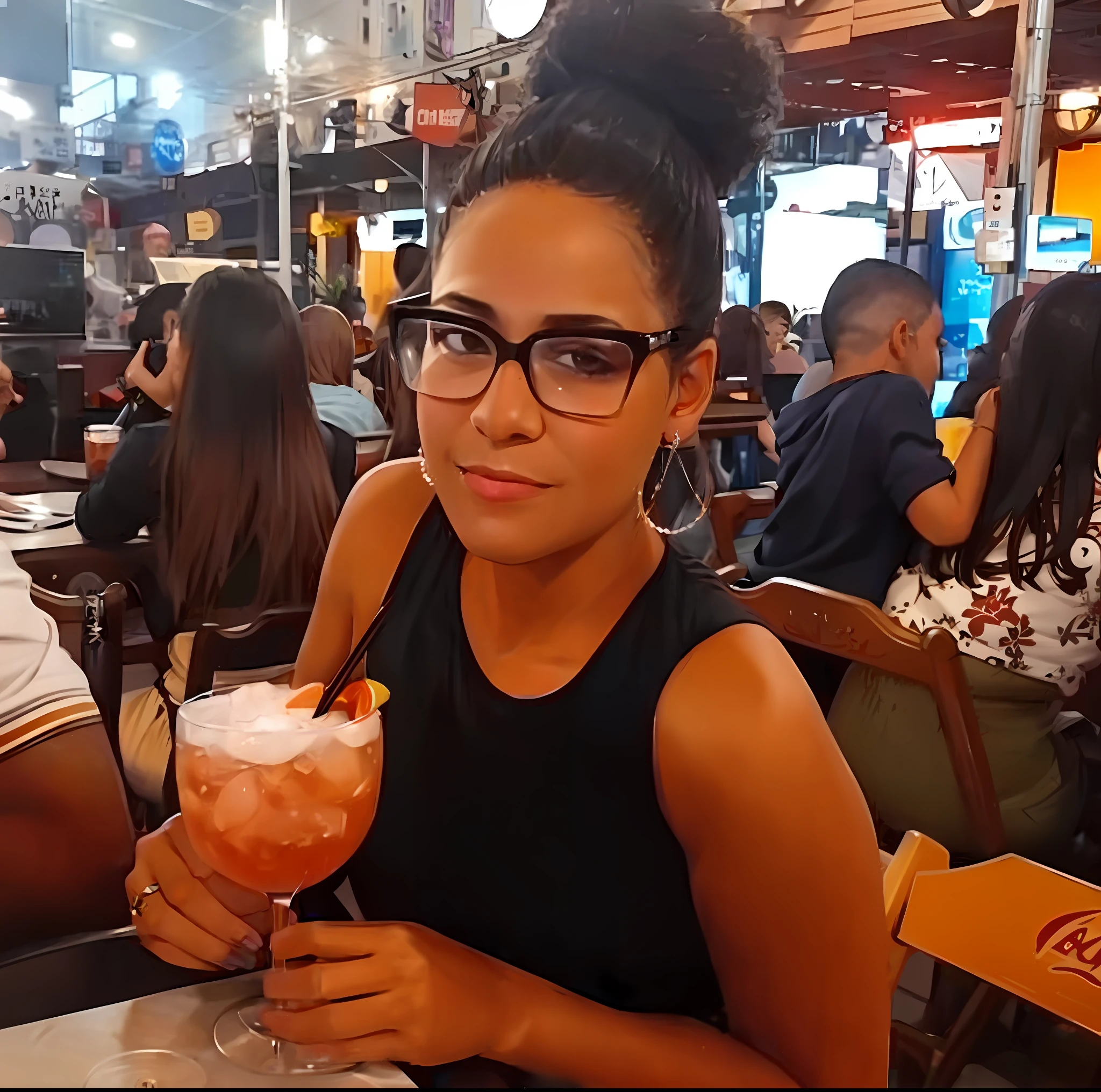 there is a woman sitting at a table with a drink in her hand, 30-year-old woman from cuba, looks like fabiula nascimento, by Nándor Katona, with a drink, by Ceferí Olivé, alanis guillen, profile photo, gorgeous lady, taken in the early 2020s