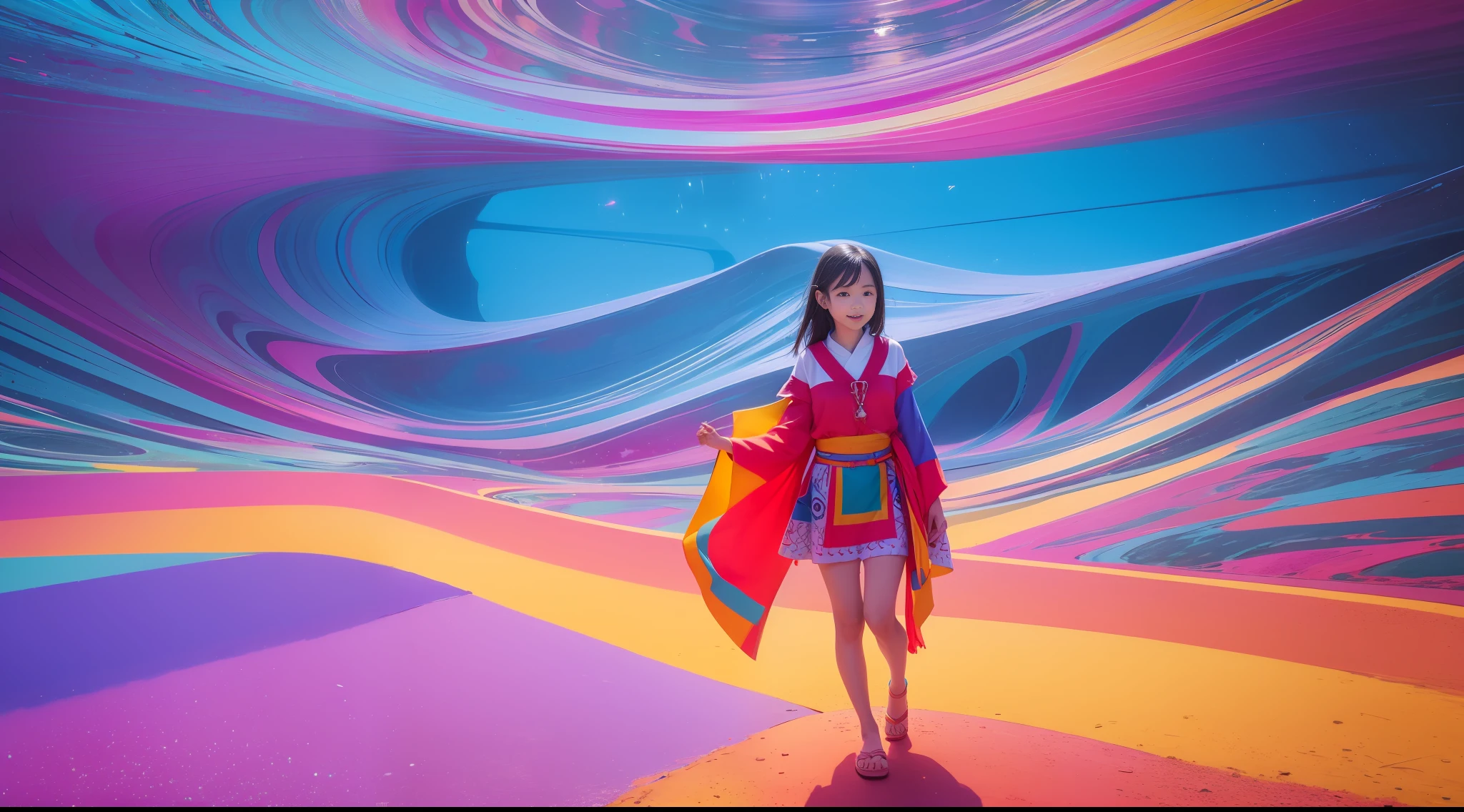 ((abstract and surreal place with vibrant colors that gives the feeling of joy, motivation, satisfaction and knowledge)), clear place, full body shot, 1girl with short ancestral clothes