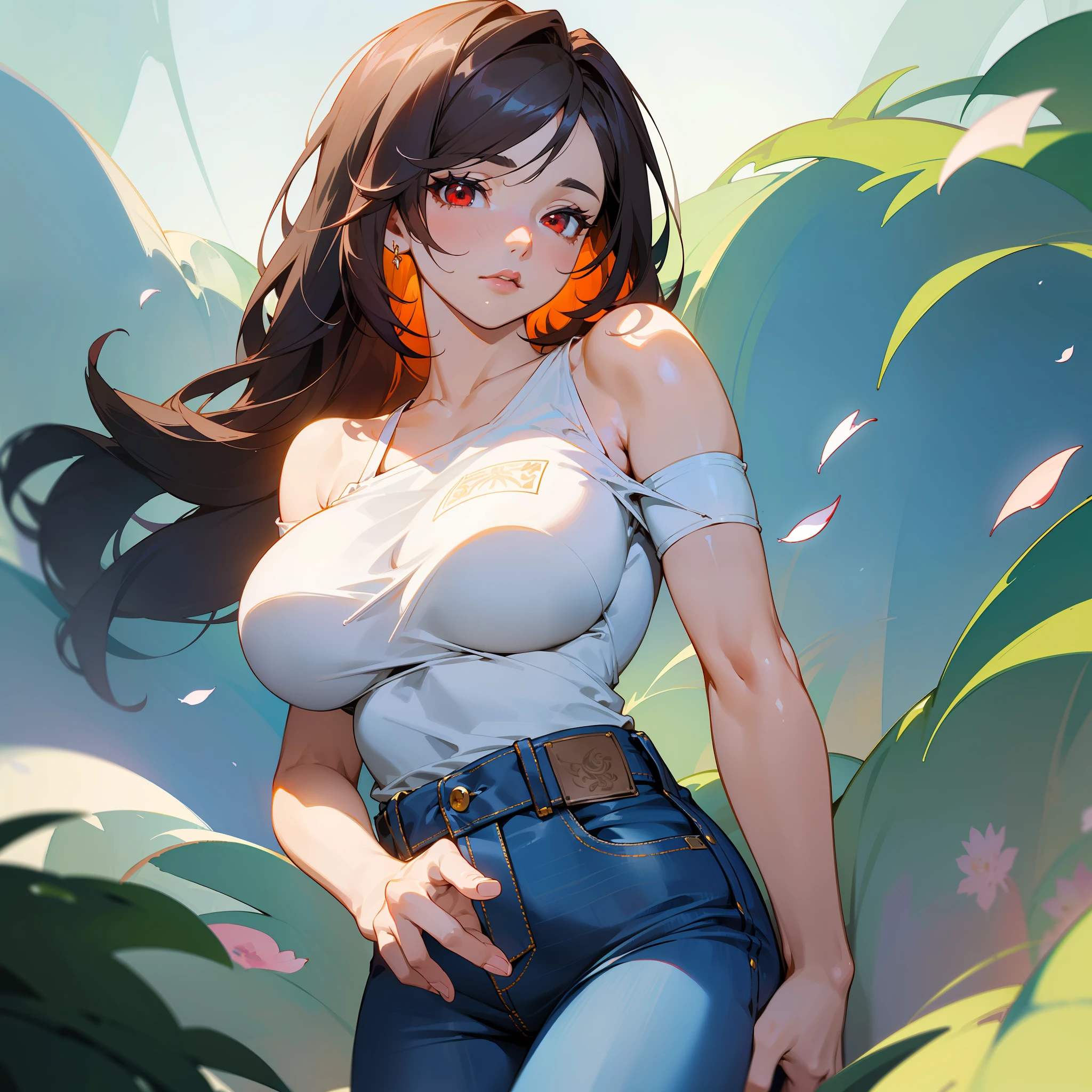 style jkenneth rocafort ::2.9 (masterpiece:1.2, best quality), (finely detailed beautiful eyes: 1.2), ((1girl kelly brook very beautiful woman big breast )), ((solo)), (red eyes:1.4), (finely detailed eyes and detailed face:1.3),), (with jeans and a white t-shirt or dress:1.3), (beautiful and clear background:1.2), (extremely detailed cg, ultra-detailed, best shadow:1.1), ((depth of field)), ((watercolor)), large breasts, bare shoulders, flowers and petals, beautiful concept illustration , (white background:0.5), (illustration :1.1), (extremely fine and beautiful:1.1), (perfect details:1.1), best quality, high quality, extremely detailed cg unity 8k wallpaper, hdr, trending on artstation, trending on cgsociety, high detail,