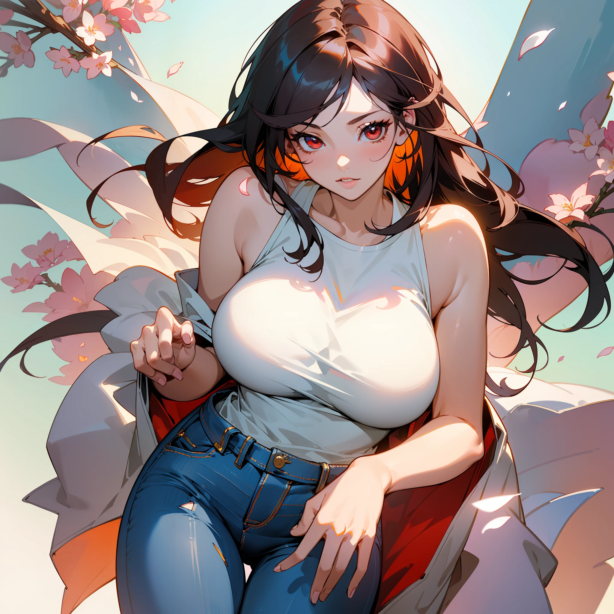 style jkenneth rocafort ::2.9 (masterpiece:1.2, best quality), (finely detailed beautiful eyes: 1.2), ((1girl kelly brook very beautiful woman big breast )), ((solo)), (red eyes:1.4), (finely detailed eyes and detailed face:1.3),), (with jeans and a white t-shirt or dress:1.3), (beautiful and clear background:1.2), (extremely detailed cg, ultra-detailed, best shadow:1.1), ((depth of field)), ((watercolor)), large breasts, bare shoulders, flowers and petals, beautiful concept illustration , (white background:0.5), (illustration :1.1), (extremely fine and beautiful:1.1), (perfect details:1.1), best quality, high quality, extremely detailed cg unity 8k wallpaper, hdr, trending on artstation, trending on cgsociety, high detail,