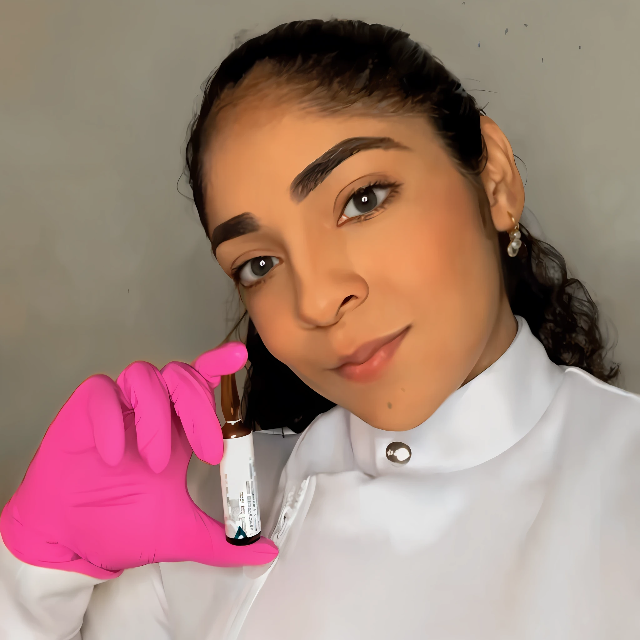 arafed woman in white jacket holding a cell phone to her ear, wearing lab coat and a blouse, with a lab coat, wearing lab coat, wearing a white lab coat, inspired by Araceli Gilbert, inspired by Gina Pellón, inspired by Verónica Ruiz de Velasco, karla ortiz, holding a syringe, wearing a lab coat
