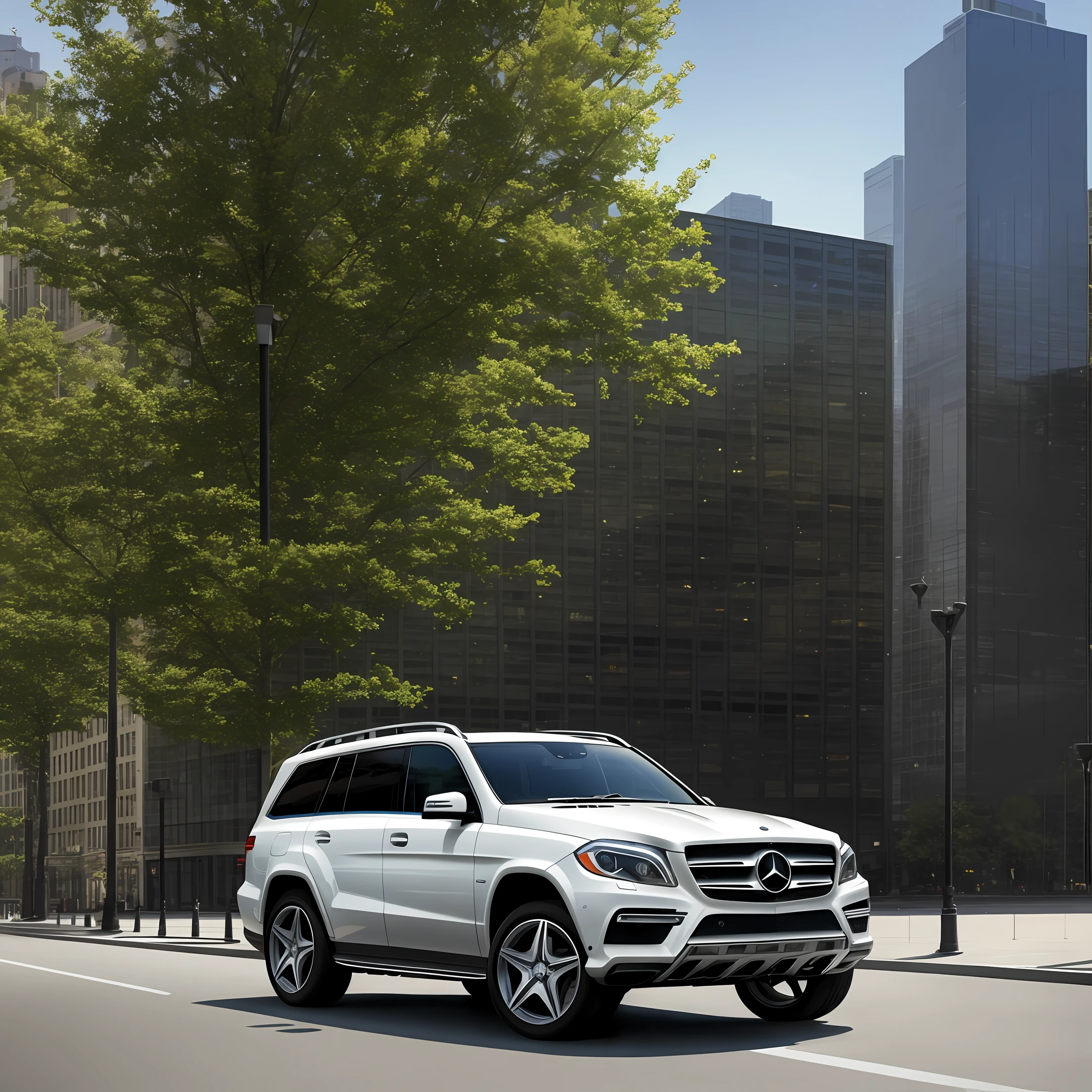 Mercedes Gl250 side view on a modern avenue of a big city. Photorealistic, 8k, morning light brightness. Publicity photo