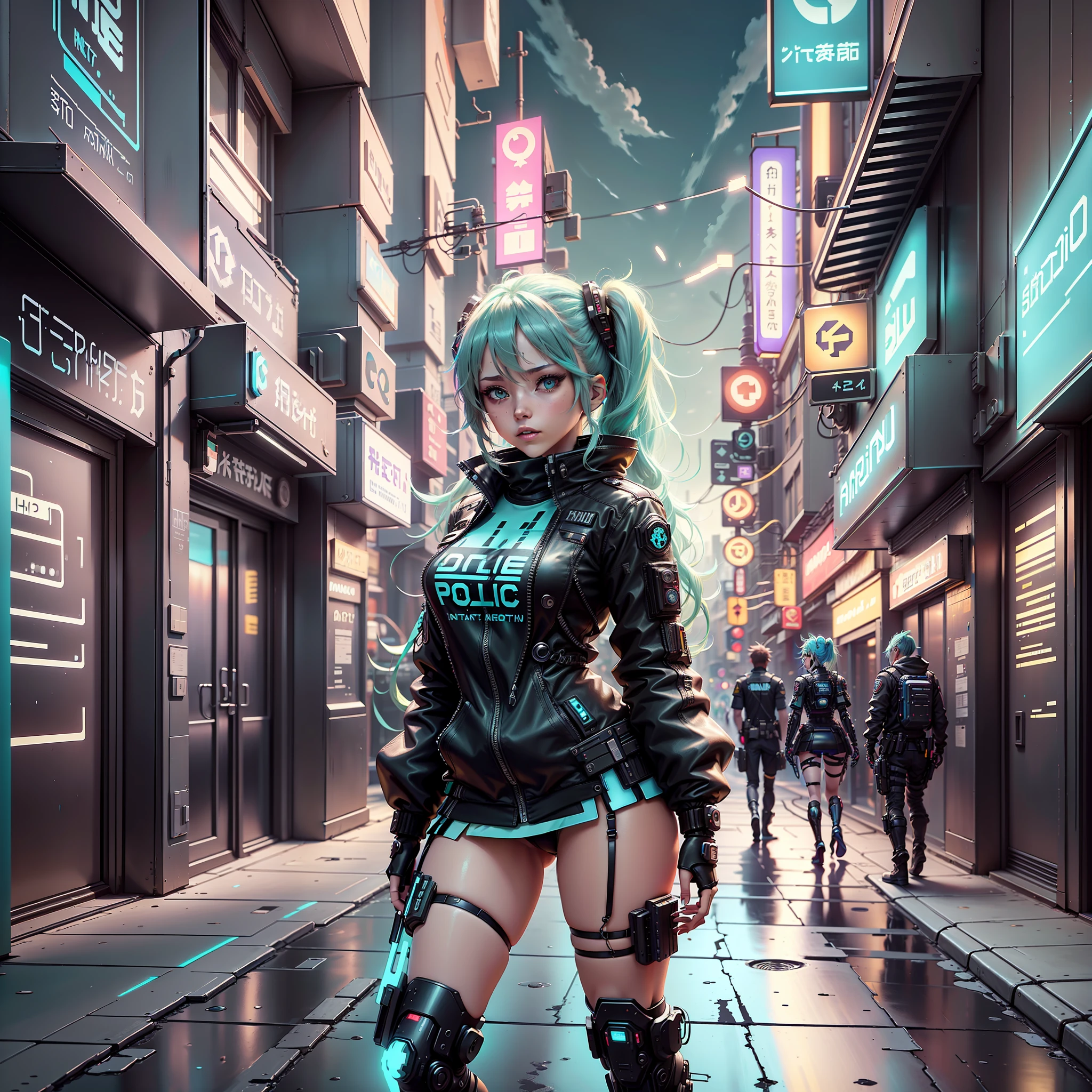 woman in police uniform walking down a street, Hatsune Miku cosplay, female cyberpunk anime girl, cyberpunk anime, cyberpunk anime girl, anime cosplay, cyberpunk girl, anime girl in real life, cyberpunk streets in, cyberpunk style, cyberpunk outfit, has cyberpunk style, oppai cyberpunk, full cosplay --auto --s2