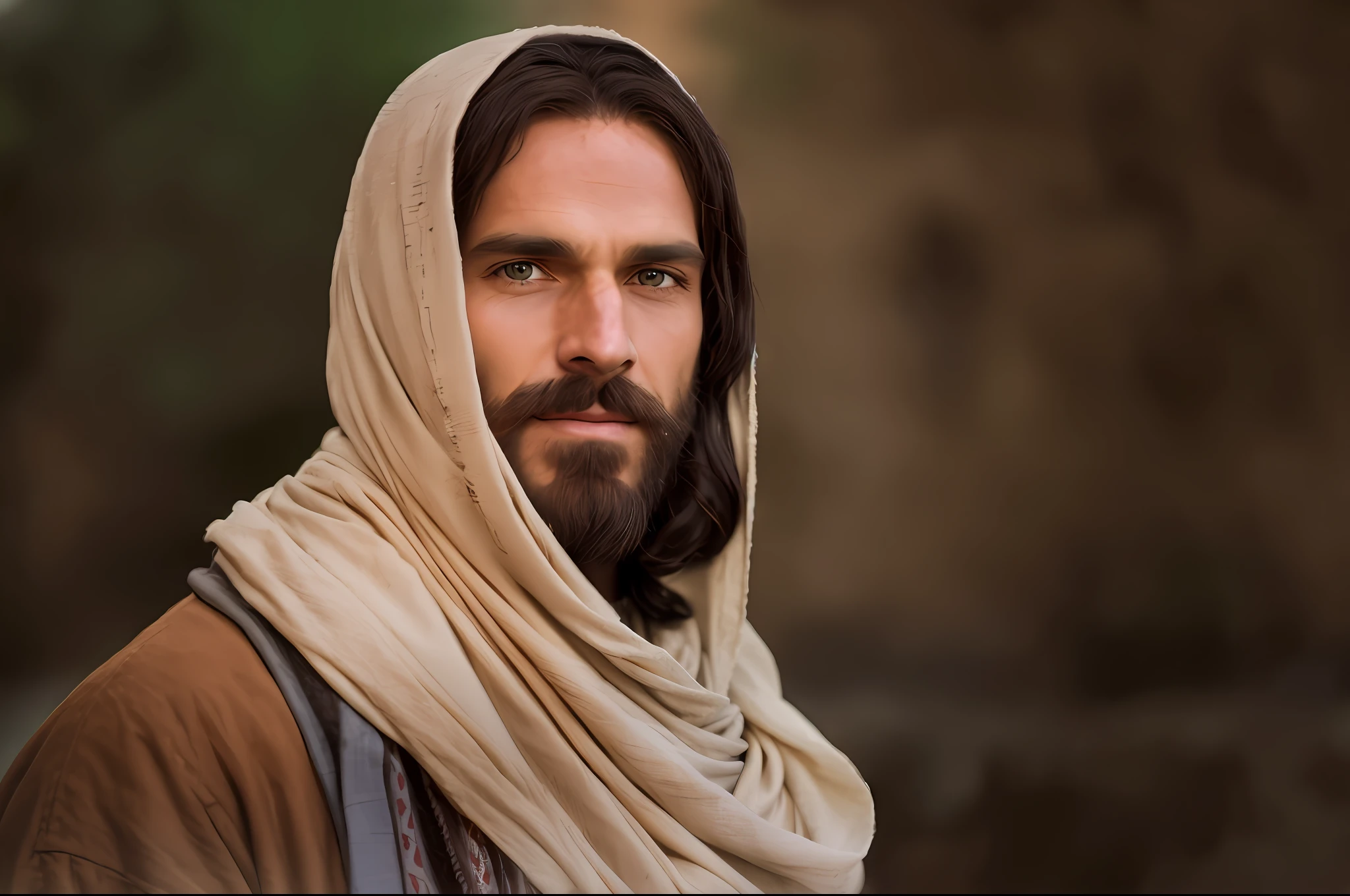 arafed man with a beard and a scarf on his head, jesus of nazareth, jesus christ, portrait of jesus christ, dressed like jesus christ, jesus face, greg olsen, beautiful man, jesus, handsome man, matthew benedict, nicodemus, the lord and savior, tron legacy jesus christ, a christian jedi, wearing cross on robe