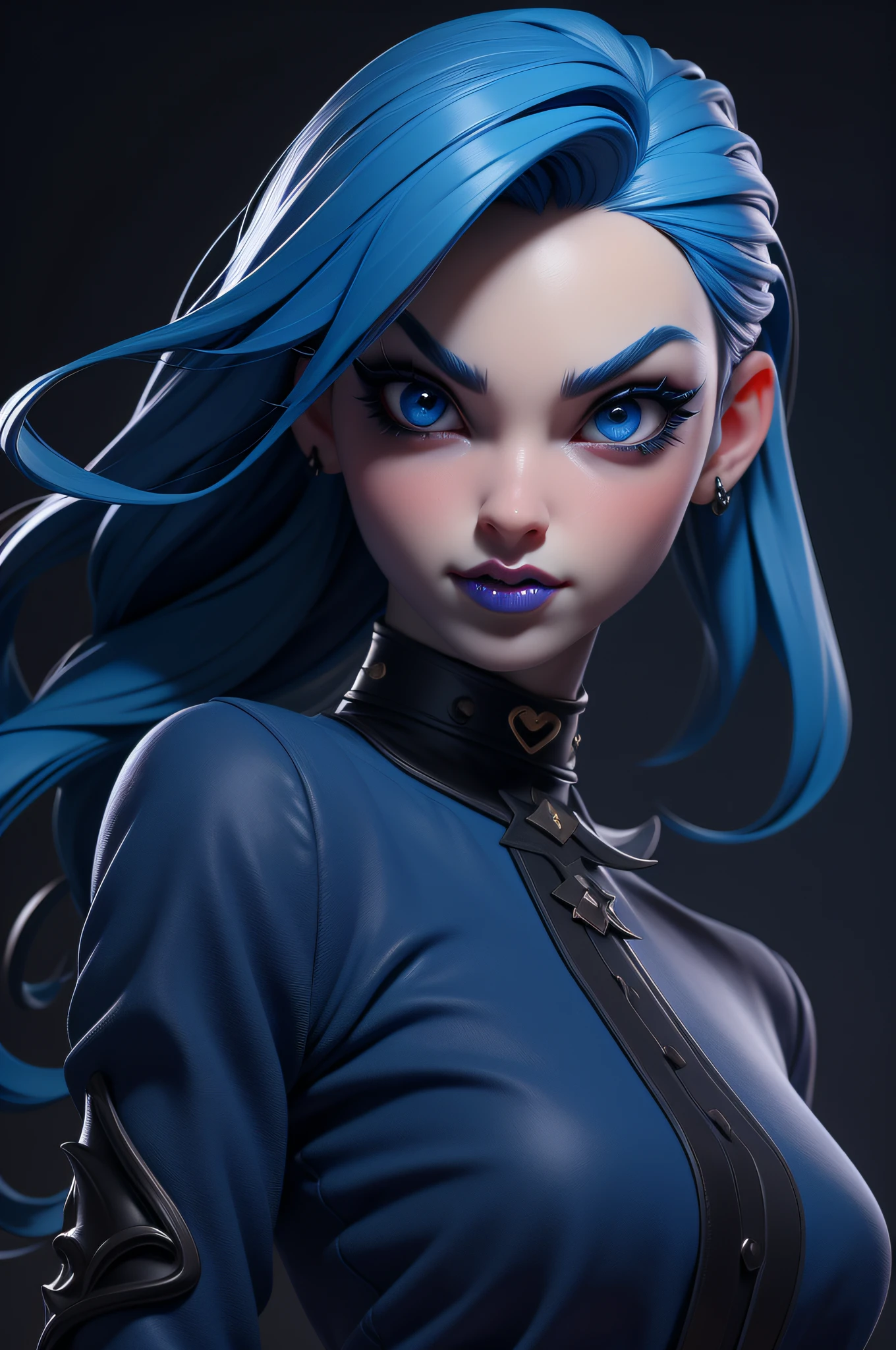 masterpiece, best quality, 3d rending work, 3DMM style, close-up, portrait, 3d, 1girl, solo, blue skin, demon girl, realistic, upper body, simple background, separate lips, black eyes, lips, gothic, choker, soft, shirt, watermark