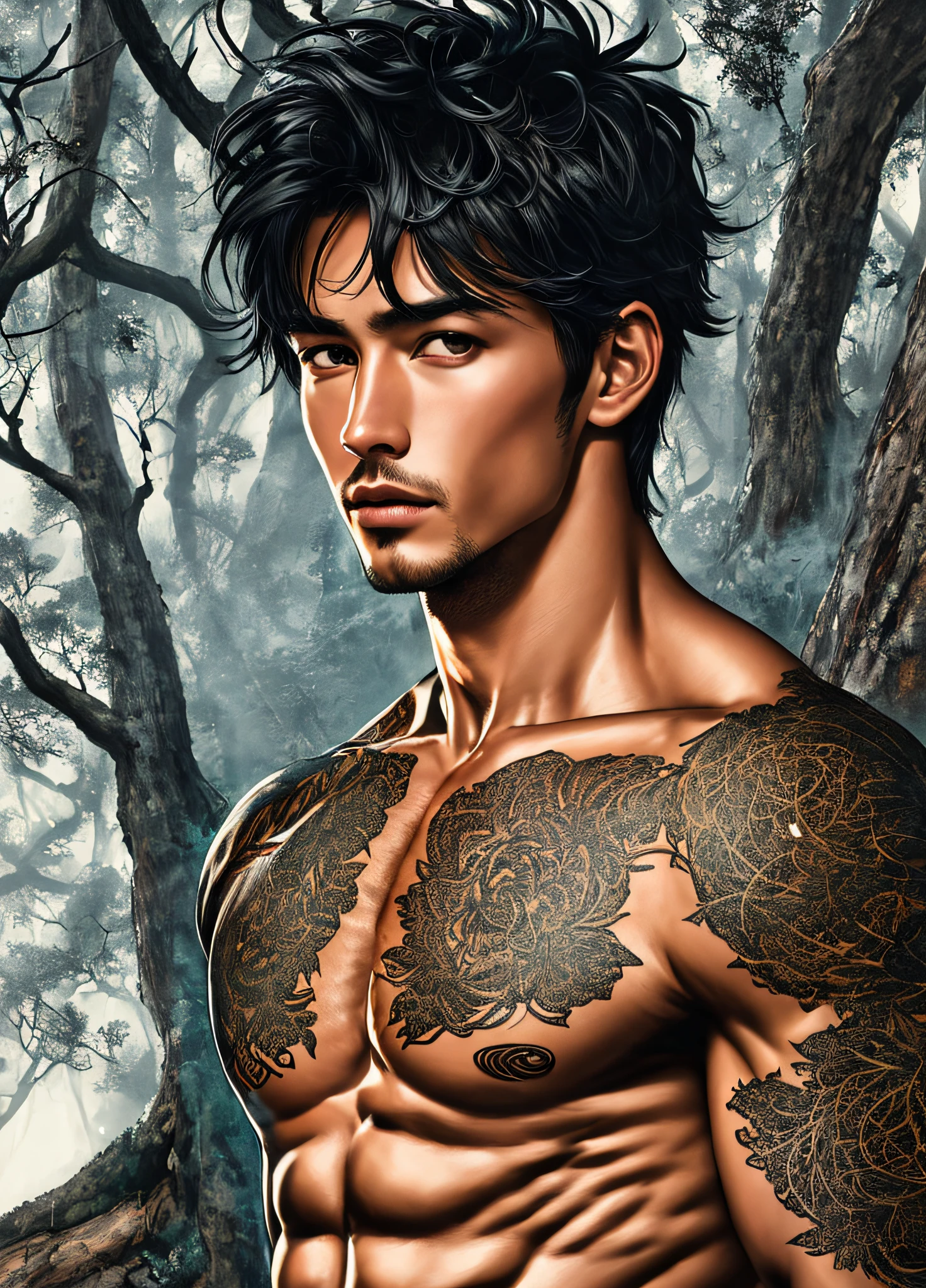 (by Yuko Higuchi, 1.4), Yuko Higuchi, (by Yoh:1.2), (Masterpiece, Best Quality, Official Fine Art, Beauty and Aesthetics :1.2), (Super Detail), Fine Detail, Best illustration, Hand-drawn high quality, (high contrast), (Clean Lines :1.3), (Line art), Line drawing, (complex lines), ligne claire, fractal art, strokes, ukiyo-style, (portrait, above chest, extreme close-up :1.1), muscular hunk, wearing only a see-through thong (he is surrounded by dead trees :1.1), perfect features of supermodel, full body display (close-cropped hair, stubble), Corpose MONEY BOY, surround composition, flat chest, mysterious night, extremely provocative and sexy (adds detail), (detail background :1.2), (color), high resolution
