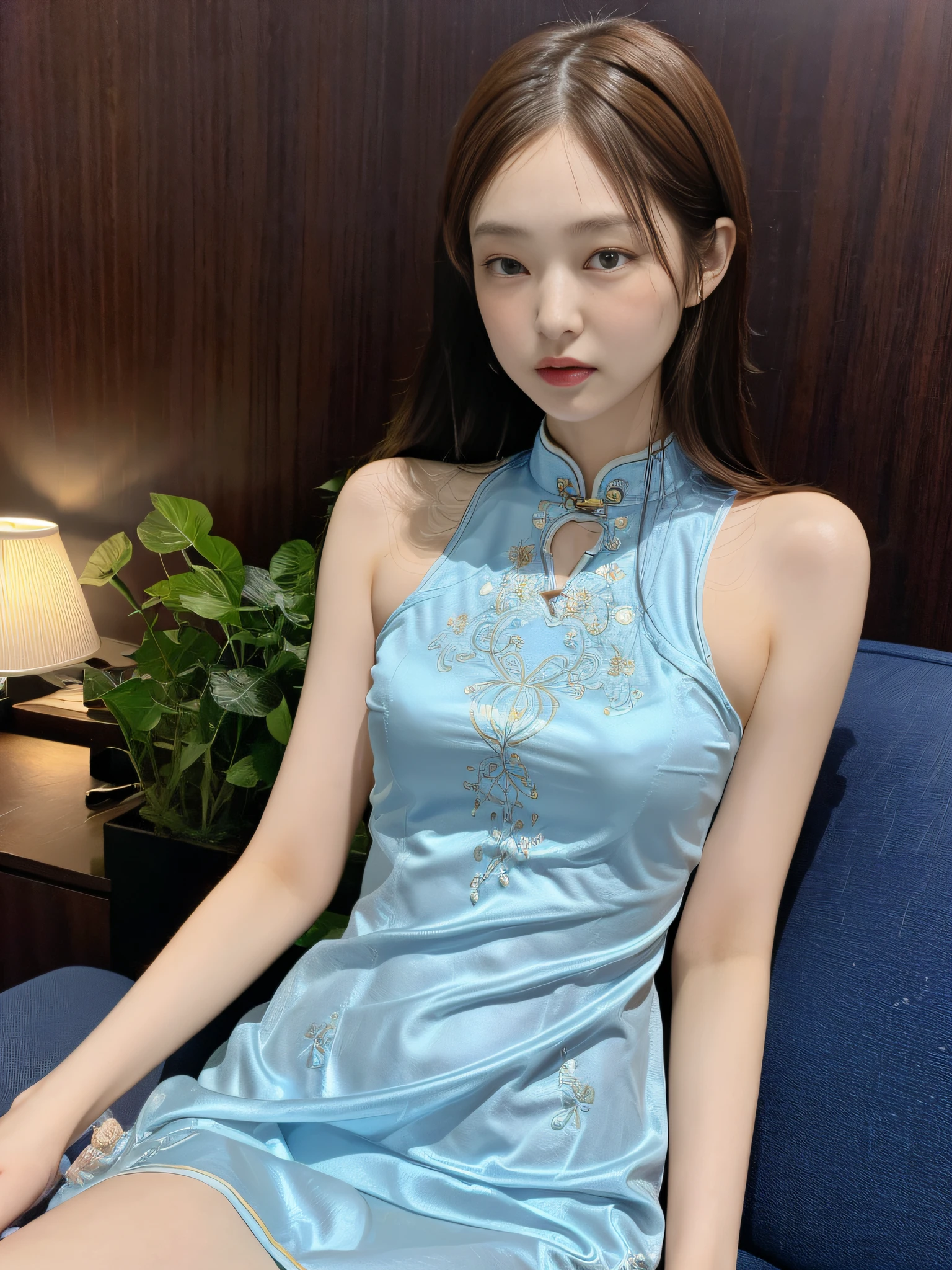 ((Night view, realistic light, best quality, 8k, masterpiece: 1.3)), 1girl, slender beautiful woman, brown hair, wearing light blue cheongsam, embroidered phoenix pattern, sleeveless, sexy, micro-breasts, split ends, long legs, sitting on sofa, super detailed face, detailed eyes, double eyelids