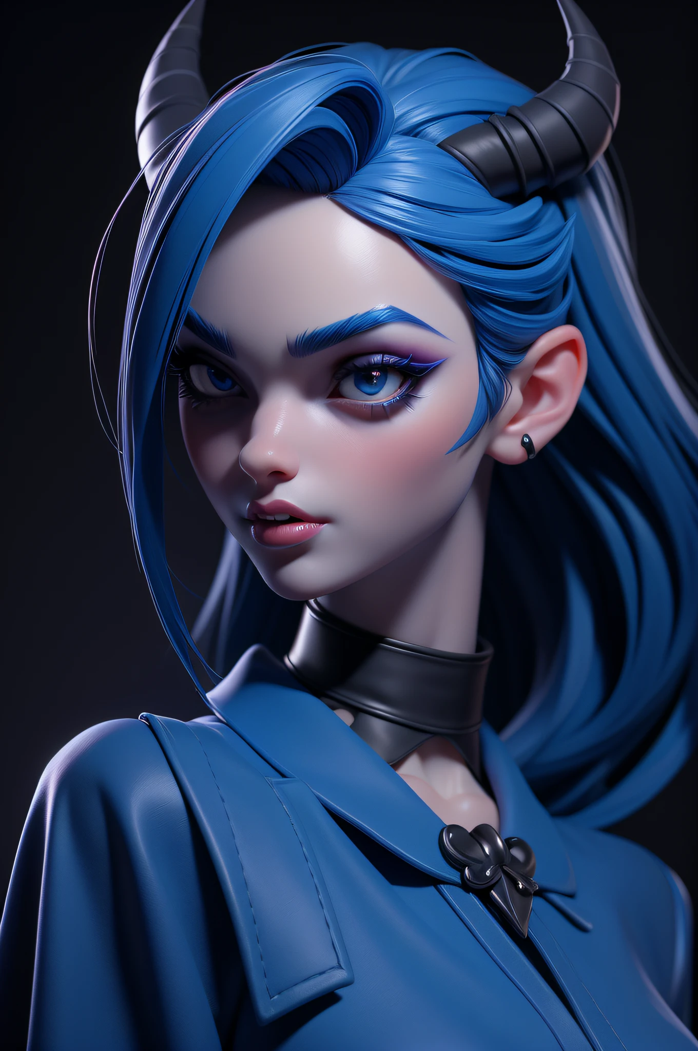 masterpiece, best quality, 3d rending work, 3DMM style, close-up, portrait, 3d, 1girl, solo, blue skin, demon girl, realistic, upper body, simple background, separate lips, black eyes, lips, gothic, choker, soft, shirt, watermark