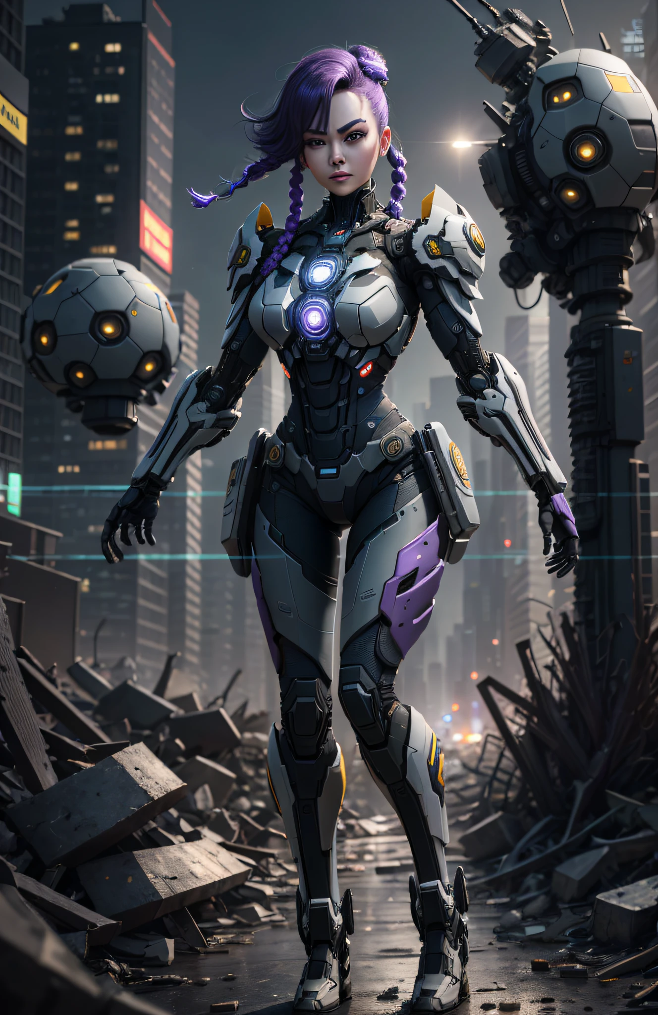 (Best Quality)), ((Masterpiece)), (Very Detailed: 1.3), 3D, Beautiful cyberpunk woman using batman cosplay, sci-fi technology, HDR (High Dynamic Range), ray tracing, nvidia RTX, super resolution, unreal 5, subsurface scattering, PBR texture, post-processing, anisotropic filtering, depth of field, maximum sharpness and sharpness, multi-layer texture, specular and albedo mapping, surface shading, accurate simulation of light-material interactions,  perfect proportions, octane rendering, duotone lighting, low ISO, white balance, rule of thirds, wide aperture, 8K RAW, high efficiency subpixels, subpixel convolution, light particles, light scattering, Tyndall effect, very sexy, full body, battle pose, purple hair with braids,